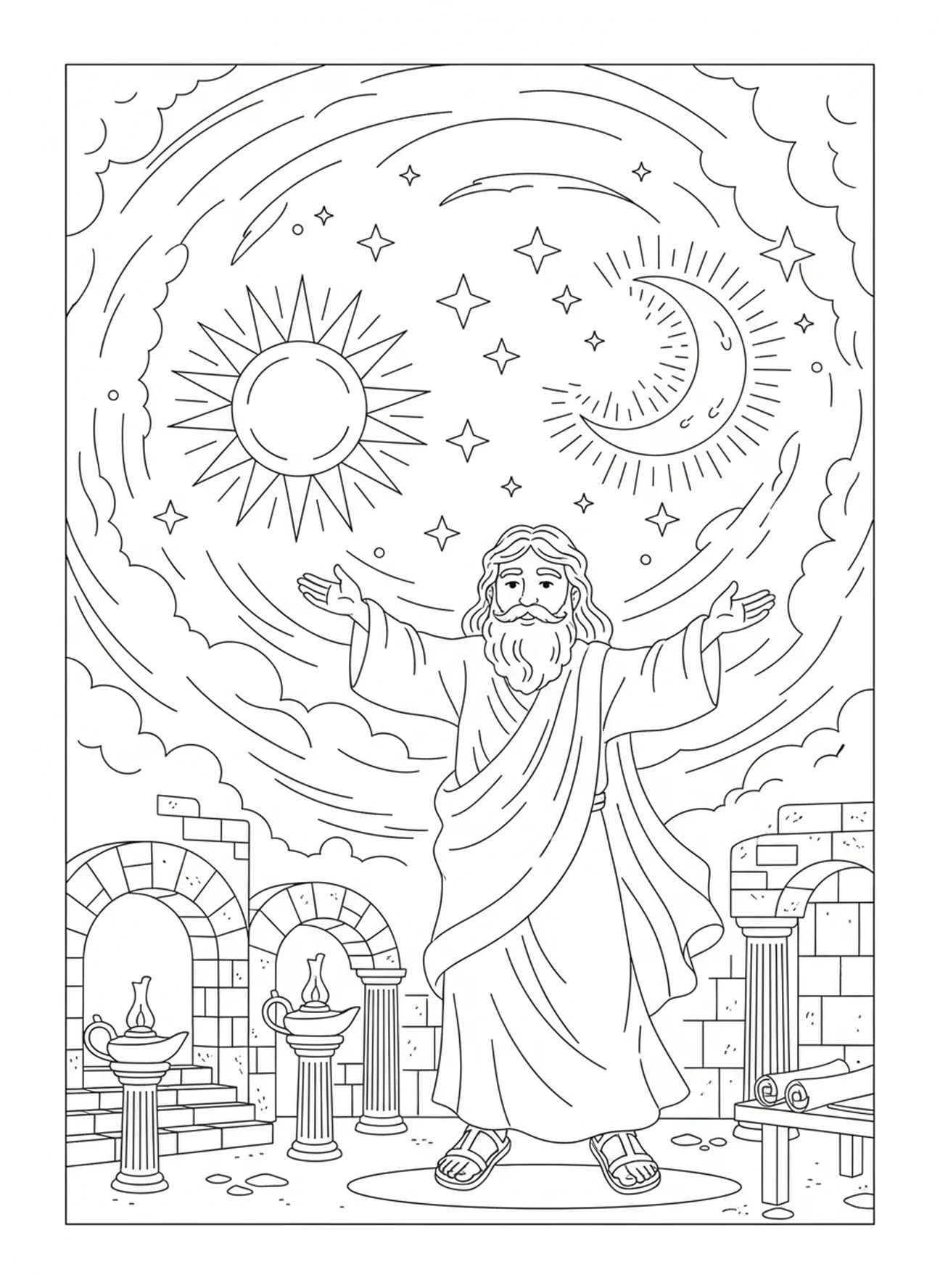 Dieu créant le soleil, la lune et les étoiles, page à colorier sur les Jours de la Création pour les enfants de l'École du dimanche âgés de 5 à 12 ans