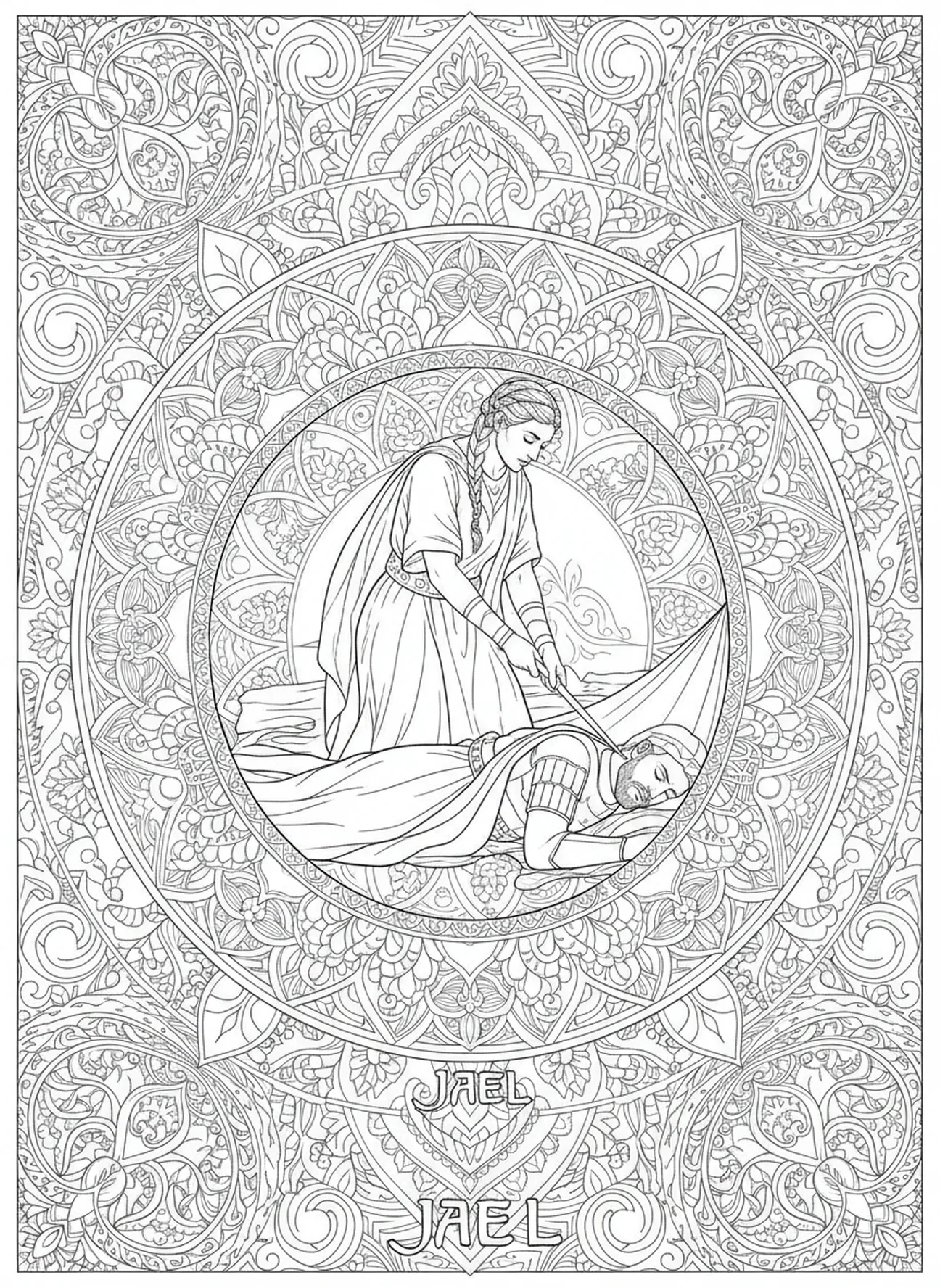 Jael tötet Sisera, Ausmalbild für Erwachsene im Stil des Bibel-Journalings mit Richterin Deborah.