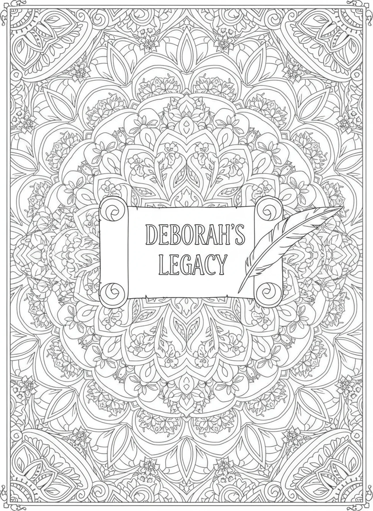 Das Erbe der Deborah mit Schriftrolle und Feder, Ausmalbild für Erwachsene im Stil des Bibel-Journaling.