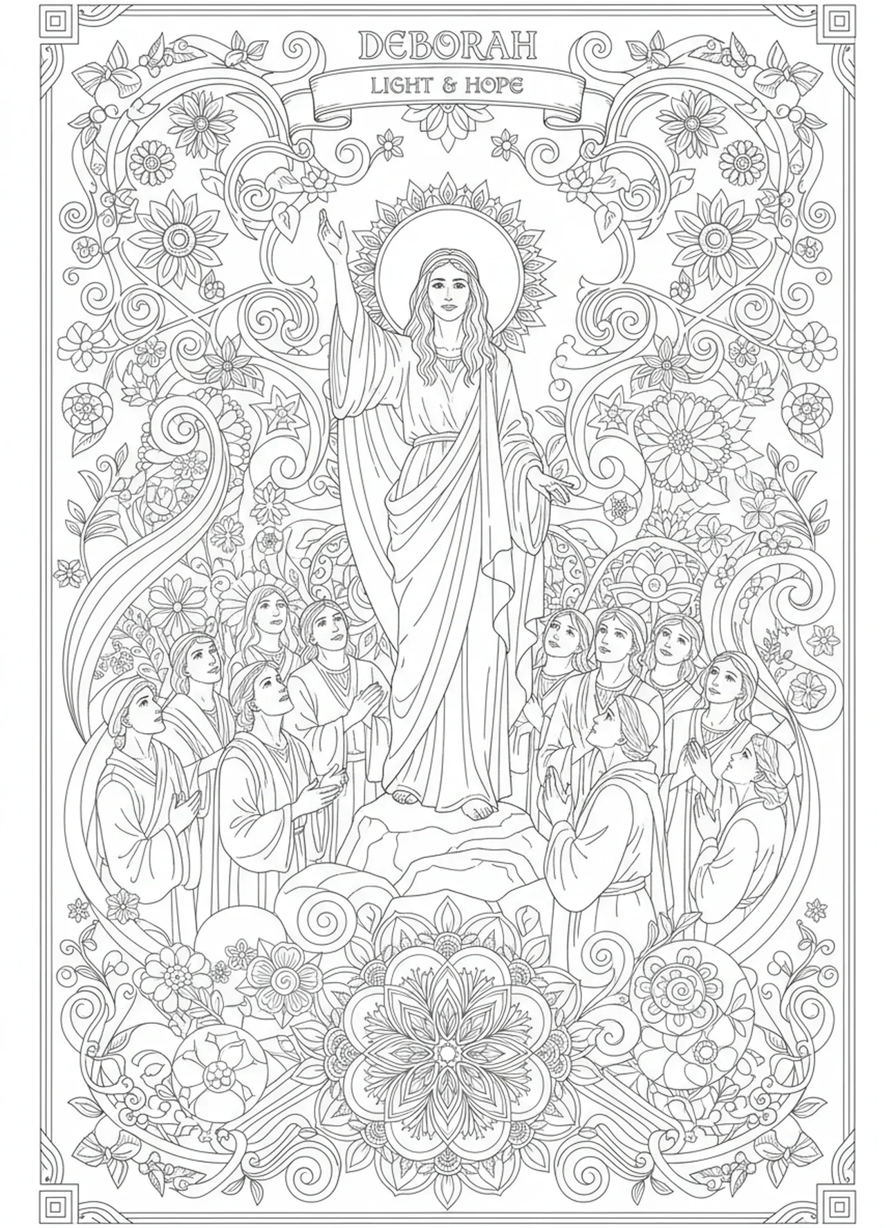 Deborah inspiriert Glauben, Deborah Ausmalbild für Erwachsene im Bibel-Journaling-Stil