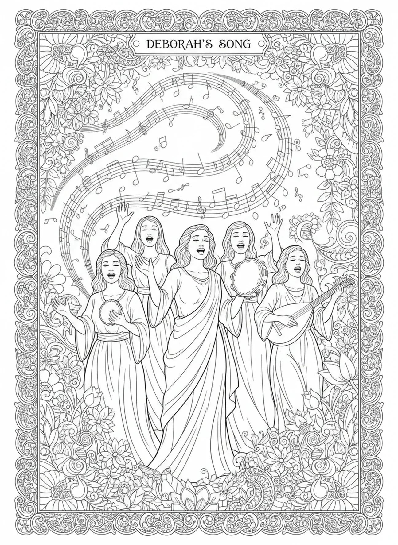 Deborahs Siegslied, Ausmalbild für Erwachsene im Bibel-Journaling-Stil