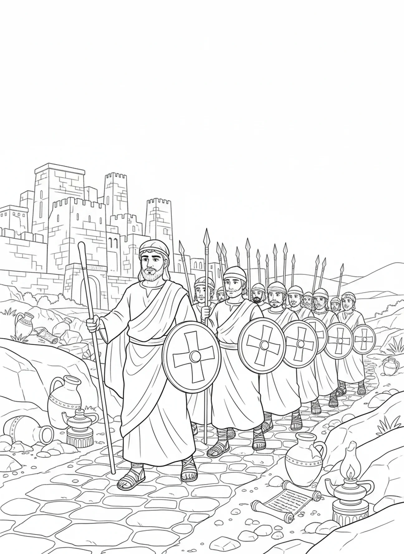 Barak menant des soldats, page à colorier de Déborah pour les enfants de l'École du dimanche âgés de 5 à 12 ans.