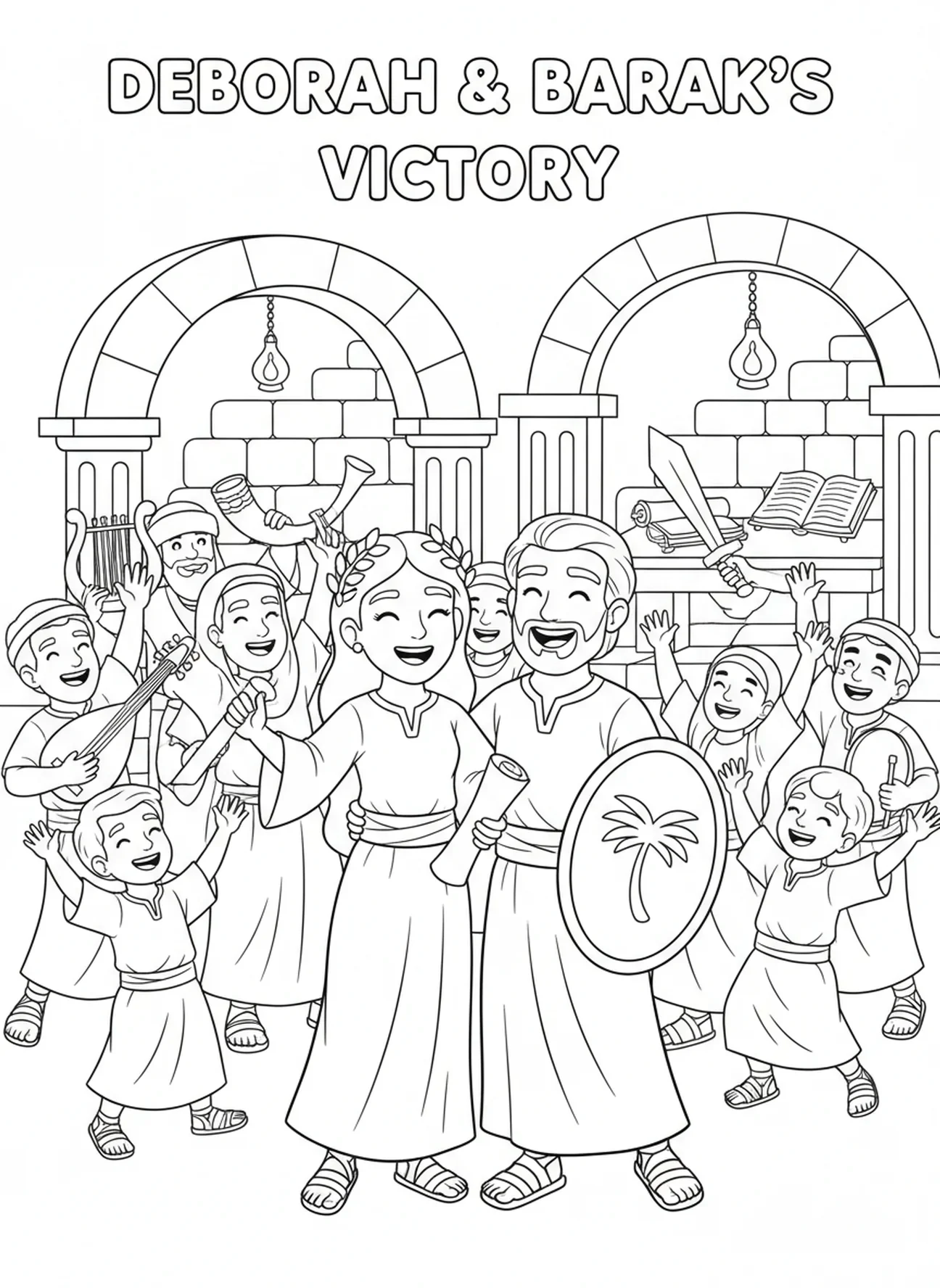 Déborah et Barak célébrant la victoire, page à colorier de Déborah pour les enfants de l'École du dimanche âgés de 5 à 12 ans.