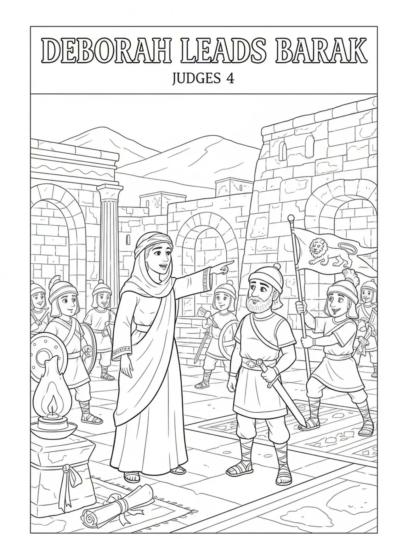 Déborah parlant à Barak, page à colorier Déborah pour les enfants de l'École du dimanche âgés de 5 à 12 ans.