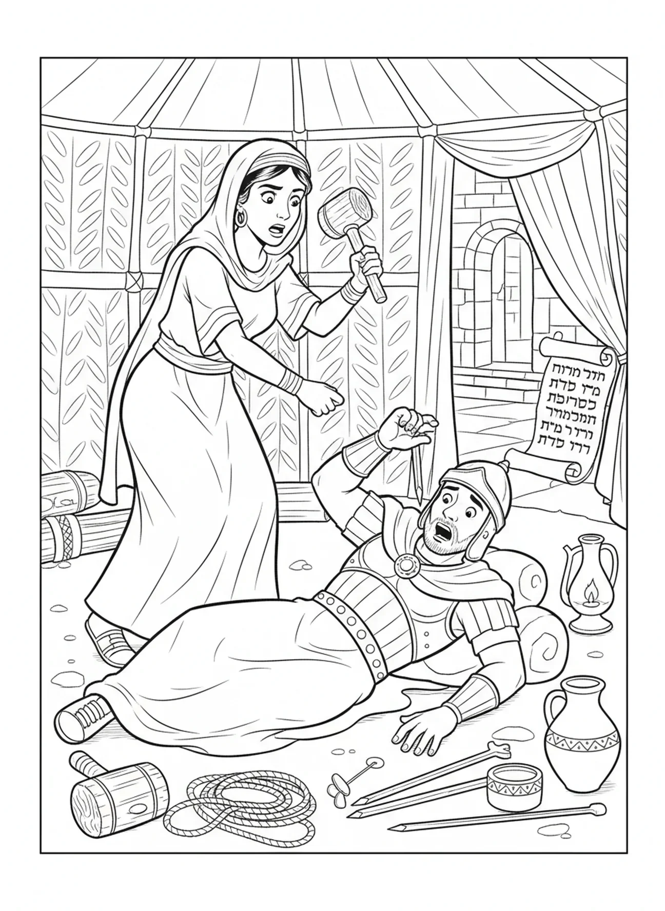 Jaël vainquant Sisera, page à colorier pour les enfants de l'École du dimanche âgés de 5 à 12 ans.
