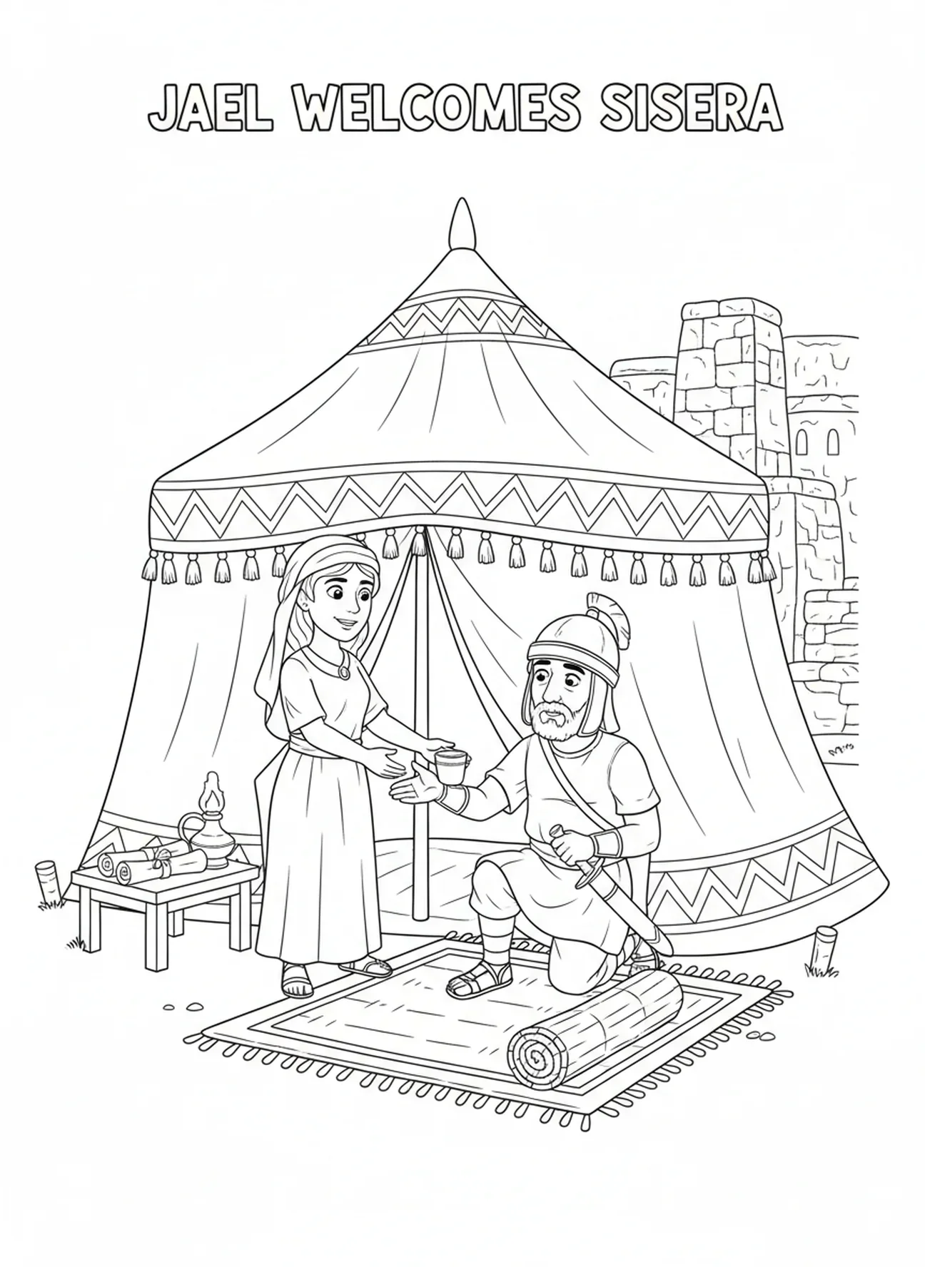 Jaël accueillant Sisera, page à colorier pour l'École du dimanche destinée aux enfants de 5 à 12 ans.