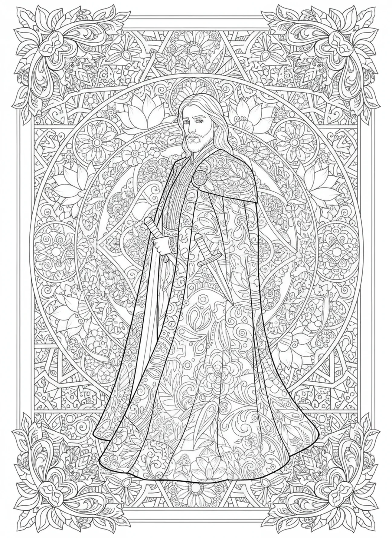 Ehud escondendo adagas, página para colorir de Ehud no estilo de journaling bíblico para adultos.
