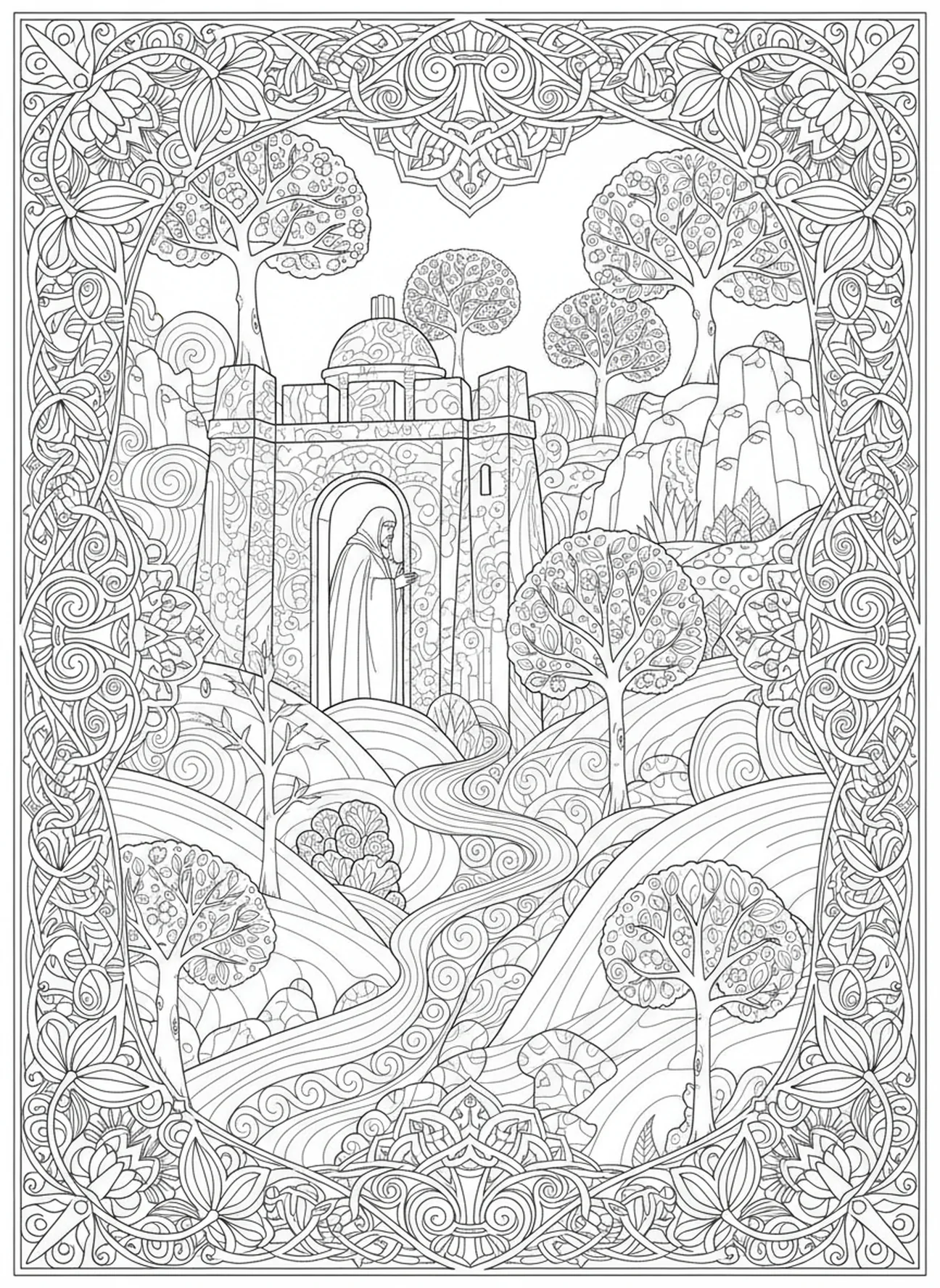 Ehud escapando, página de colorir de Ehud para adultos no estilo de journaling bíblico.