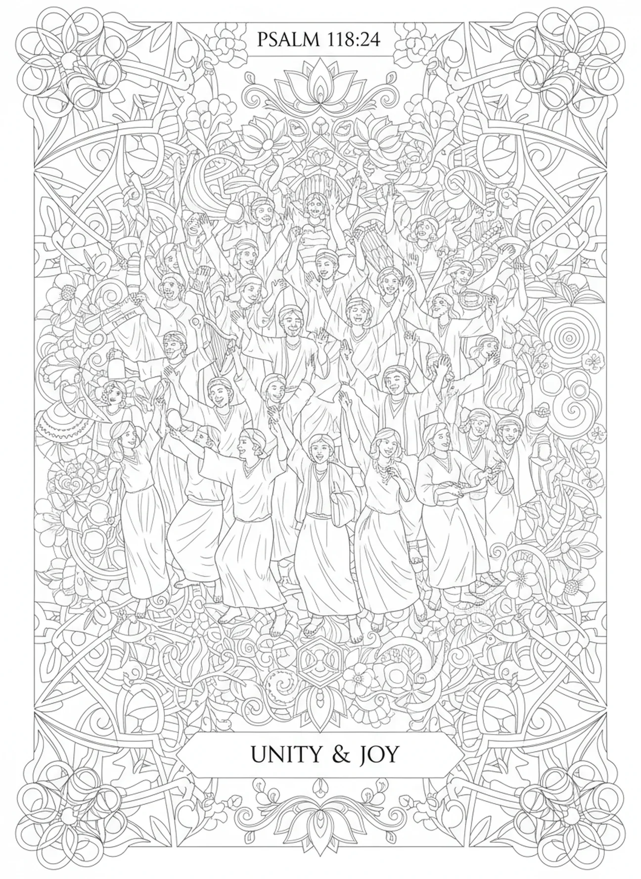 Israelitas celebrando a vitória, página para colorir de Eúde no estilo de journaling bíblico para adultos.