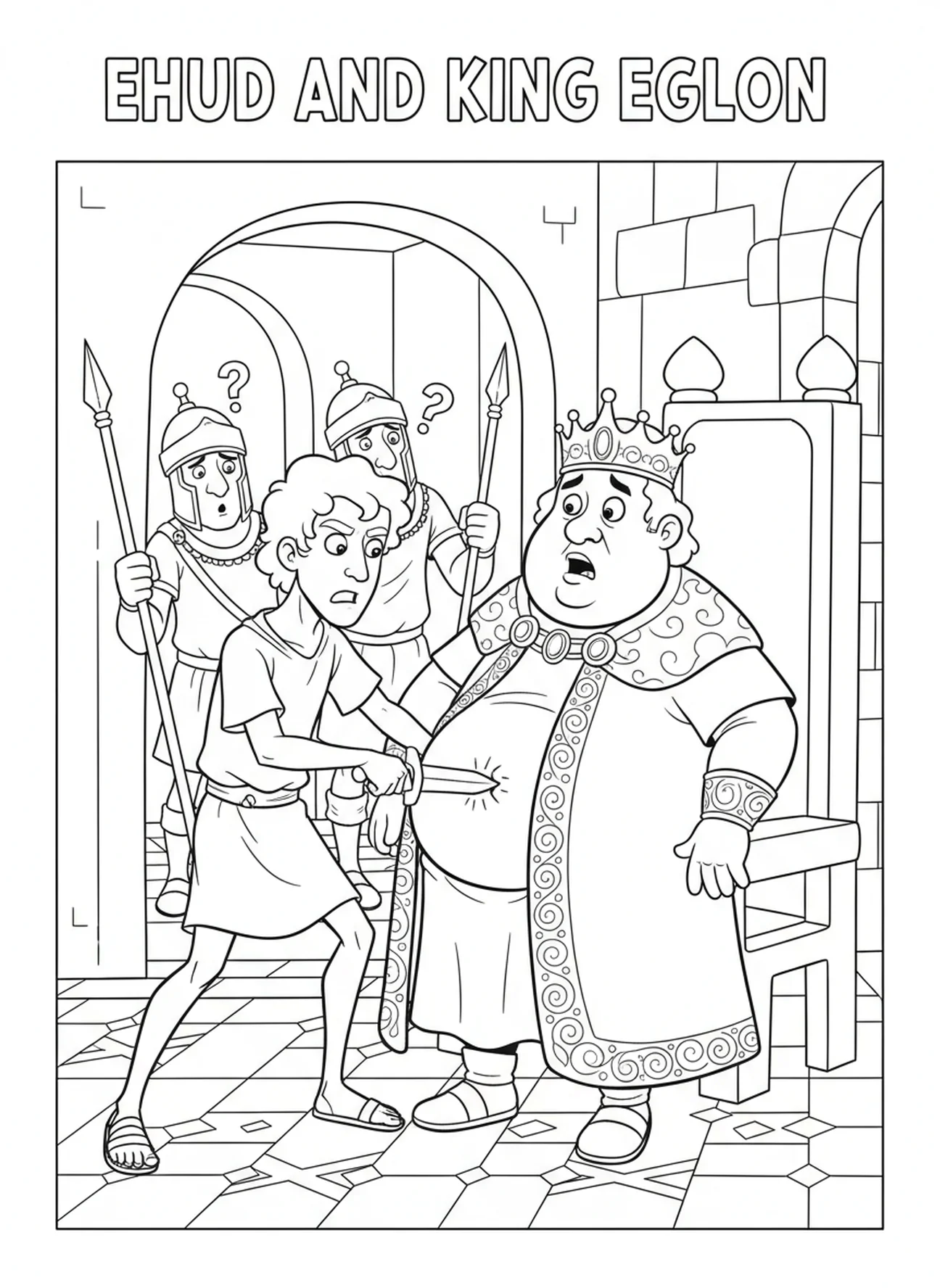 Ehud poignardant le roi Églon, page à colorier Ehud pour les enfants de 5 à 10 ans