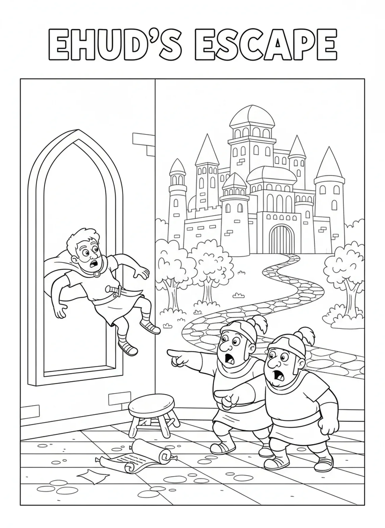 Ehud s'échappant par une fenêtre, page à colorier Ehud pour les enfants de 5 à 10 ans
