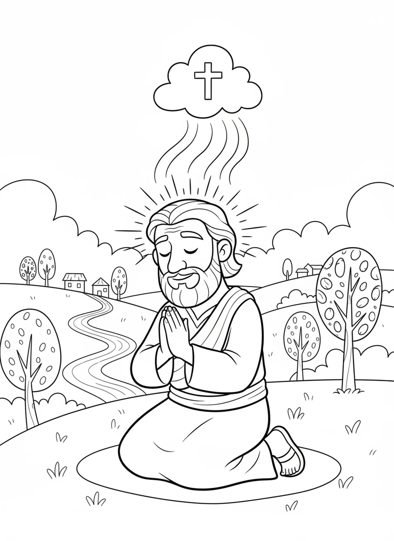 Ehud à genoux en prière, page à colorier d'Ehud pour les enfants de 5 à 10 ans