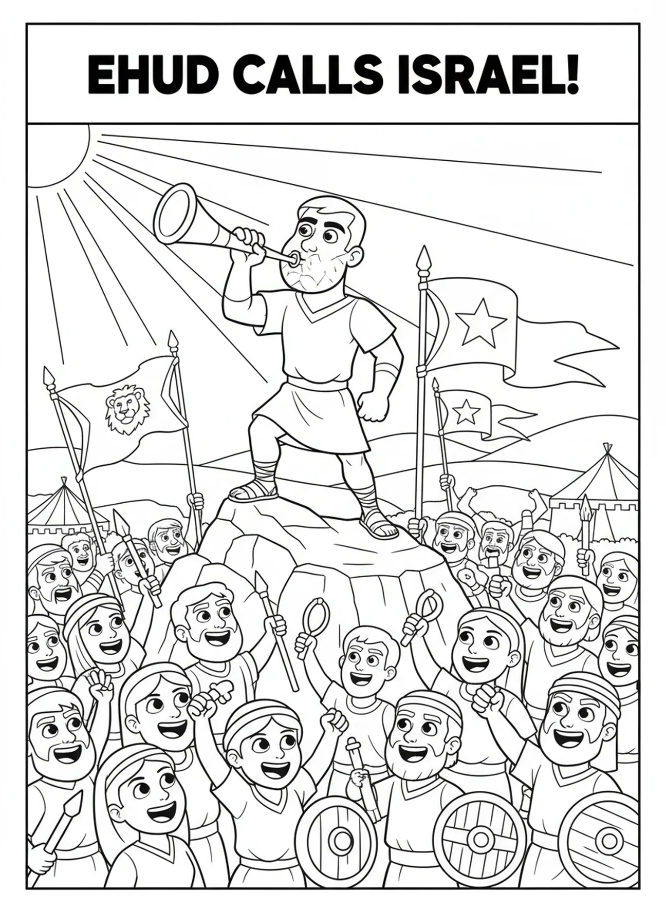 Ehud rassemblant les Israélites, page à colorier Ehud pour enfants de 5 à 10 ans