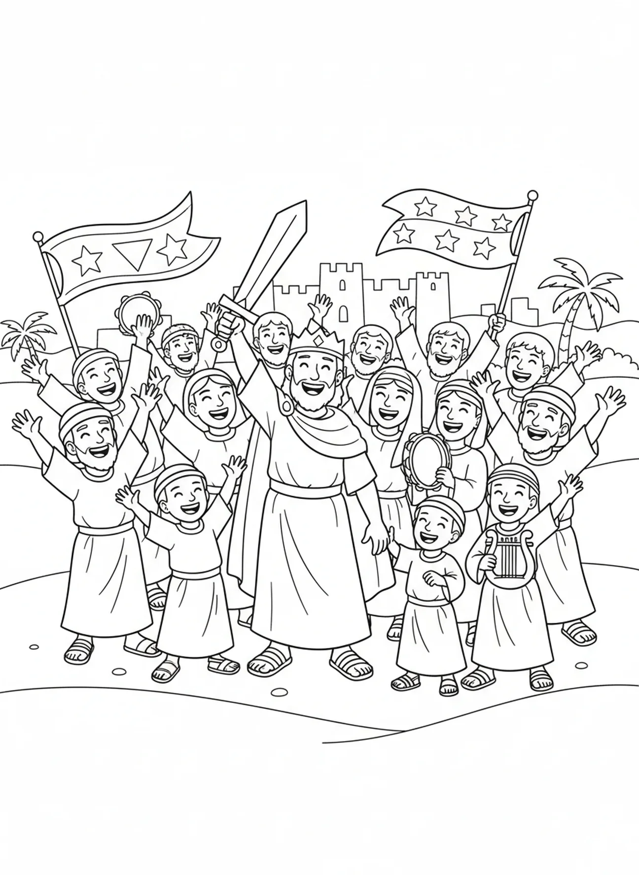 Ehud célébrant avec les Israélites, page à colorier Ehud pour les enfants de 5 à 10 ans