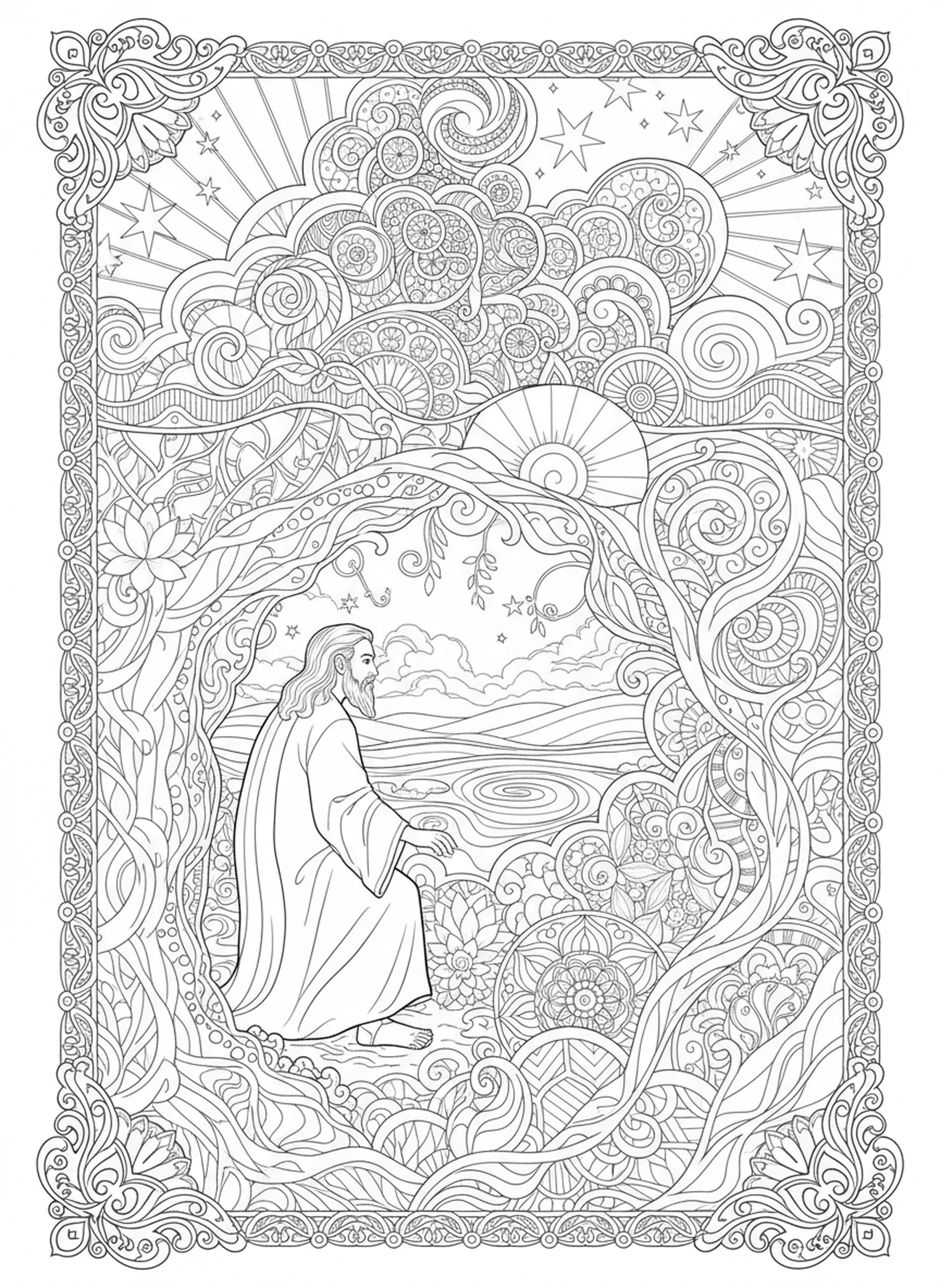 Elias saindo da tempestade, página para colorir da Caverna de Elias com a Voz Suave, estilo de journaling bíblico para adultos.