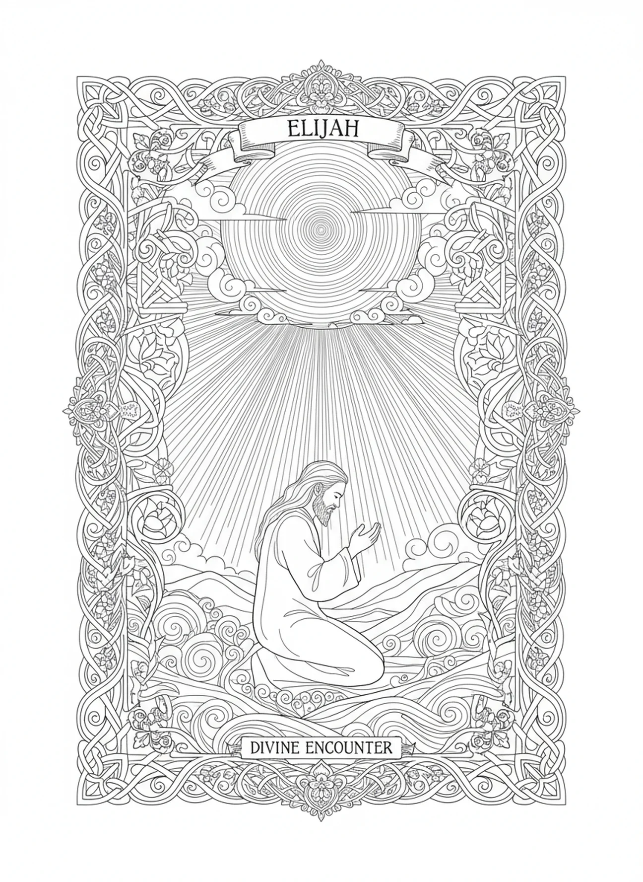 Encontro divino de Elias com Deus, página de colorir da Caverna de Elias com a Voz Suave, estilo de journaling bíblico para adultos.