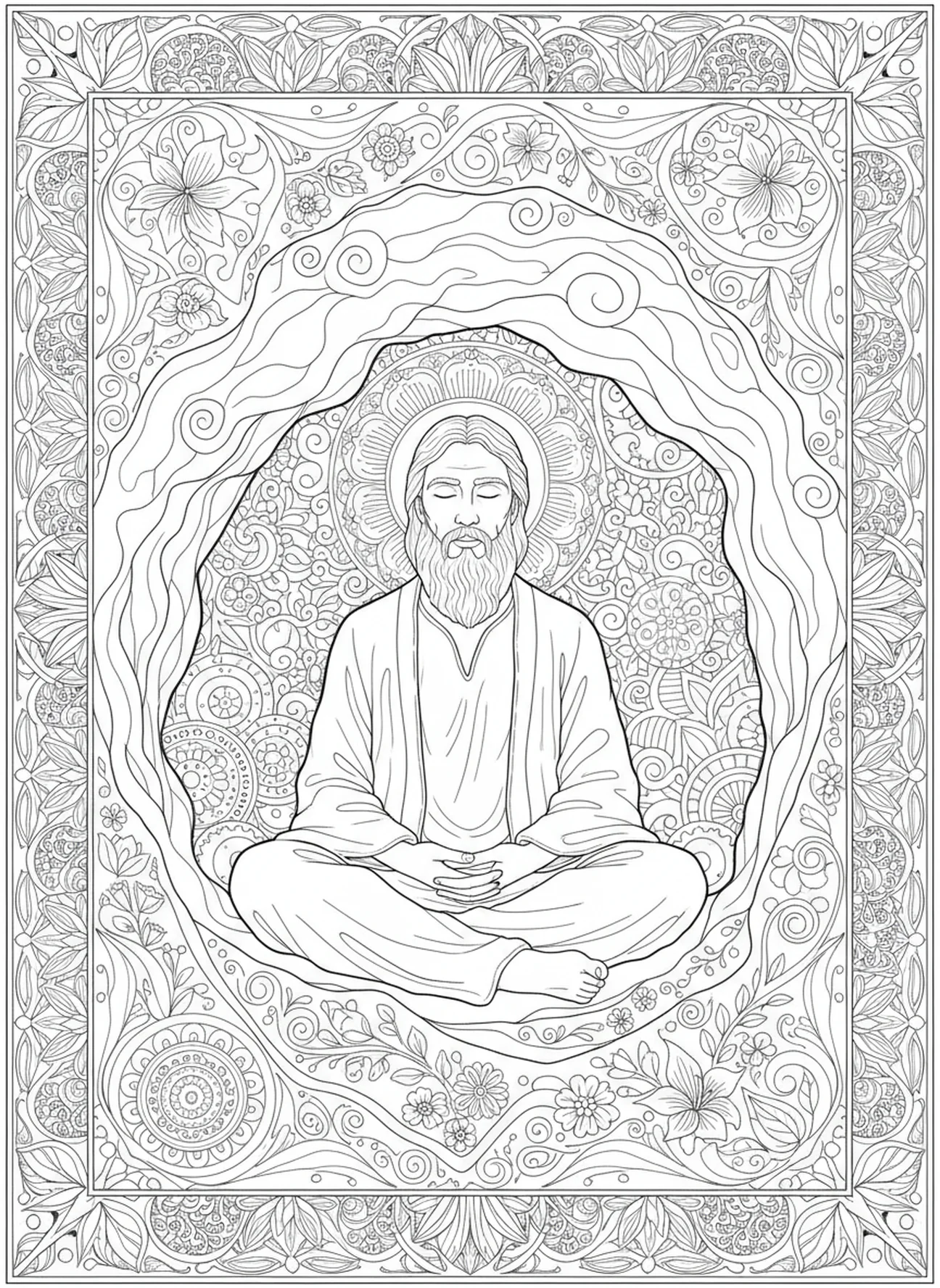 Elias meditando em solidão, página de colorir da Caverna de Elias Voz Suave para adultos no estilo de diário bíblico.