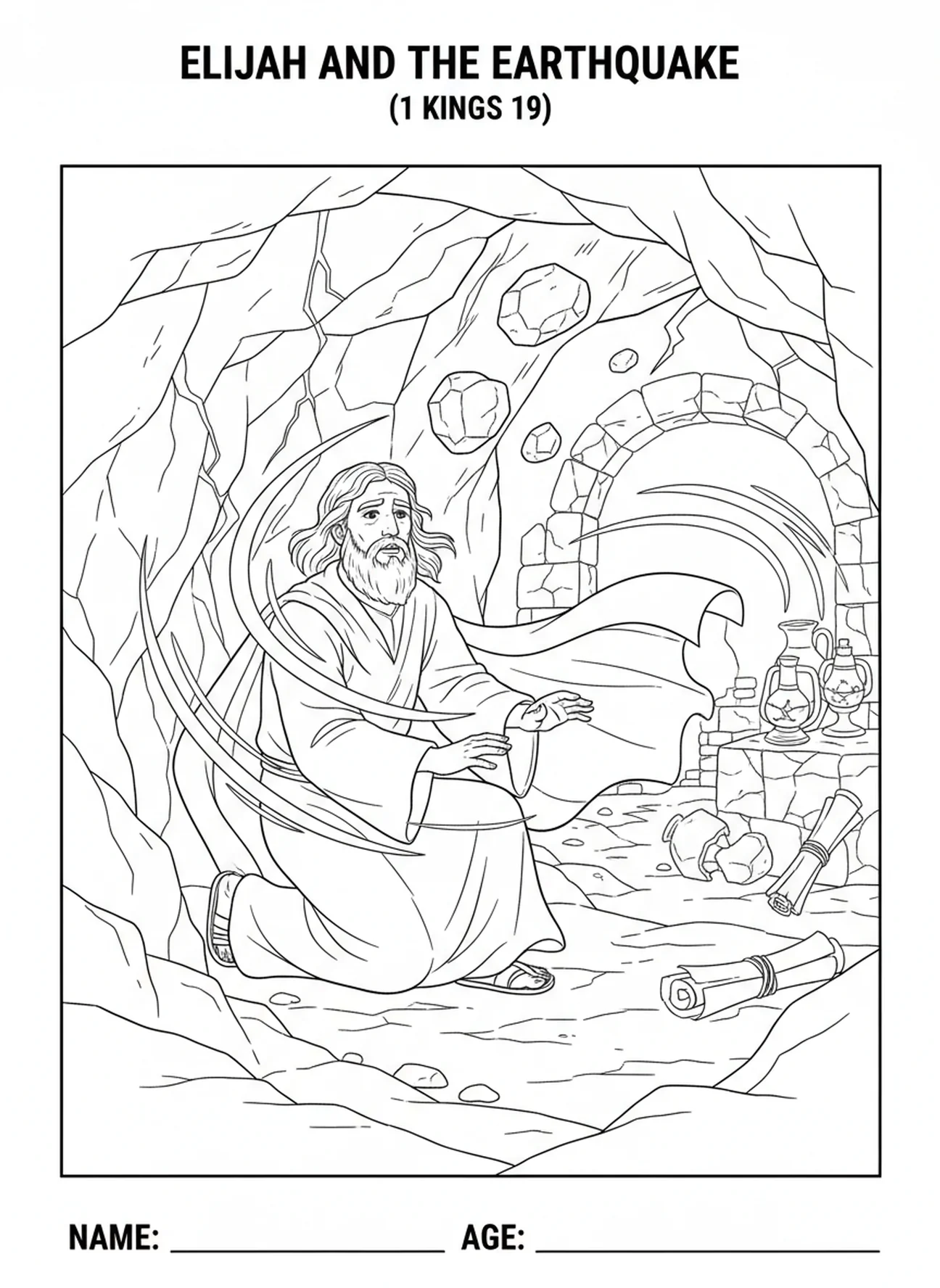 Elia in einer zitternden Höhle während eines Erdbebens, Ausmalbild von Elia in der Höhle mit der stillen Stimme für Sonntagsschulkinder im Alter von 5-12 Jahren.