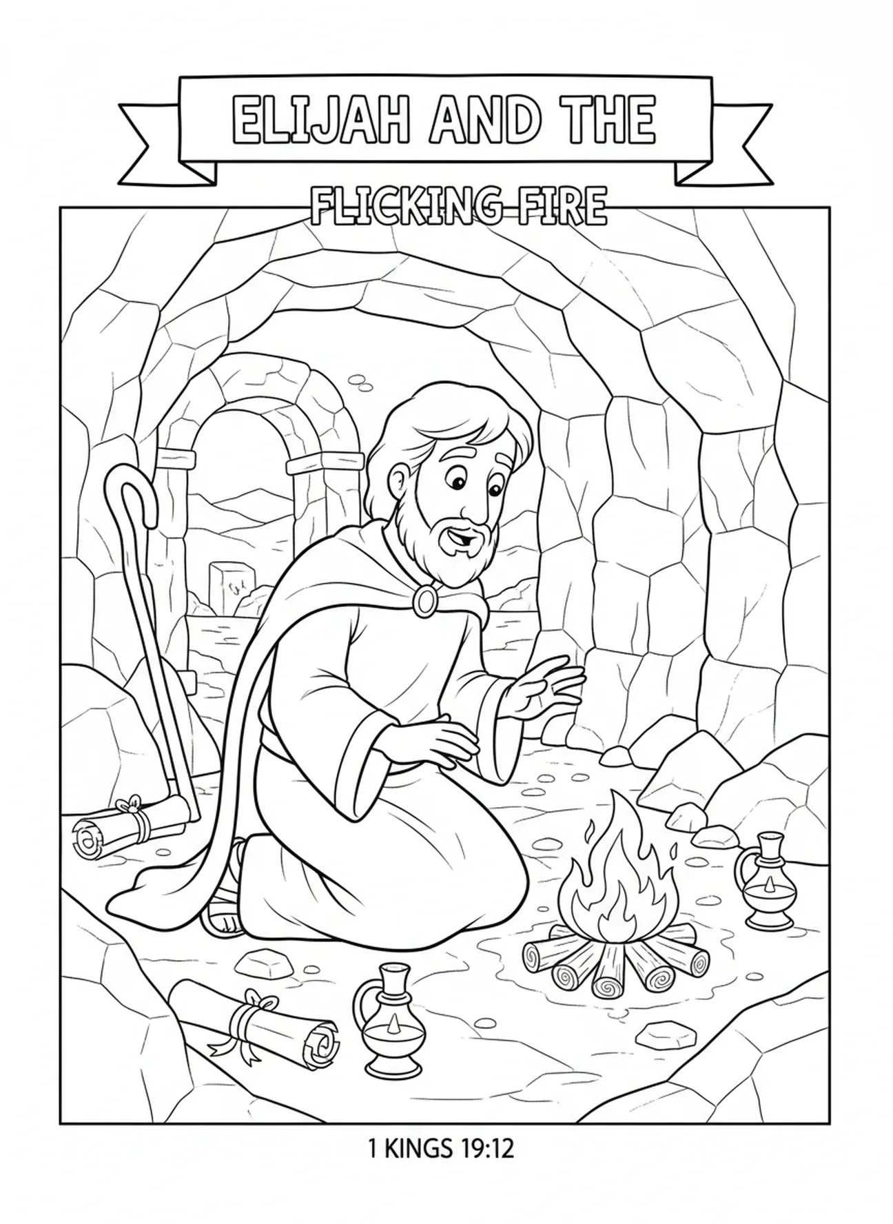 Elia beobachtet ein flackerndes Feuer in der Höhle, Ausmalbild von Elia in der Höhle mit der stillen Stimme für Sonntagsschulkinder im Alter von 5-12 Jahren.