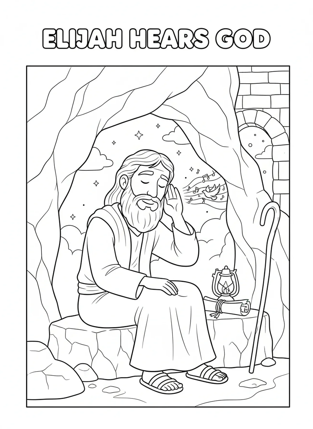 Elia, der in der Höhle einer sanften Stimme lauscht, Ausmalbild für die Sonntagsschule für Kinder im Alter von 5-12 Jahren.