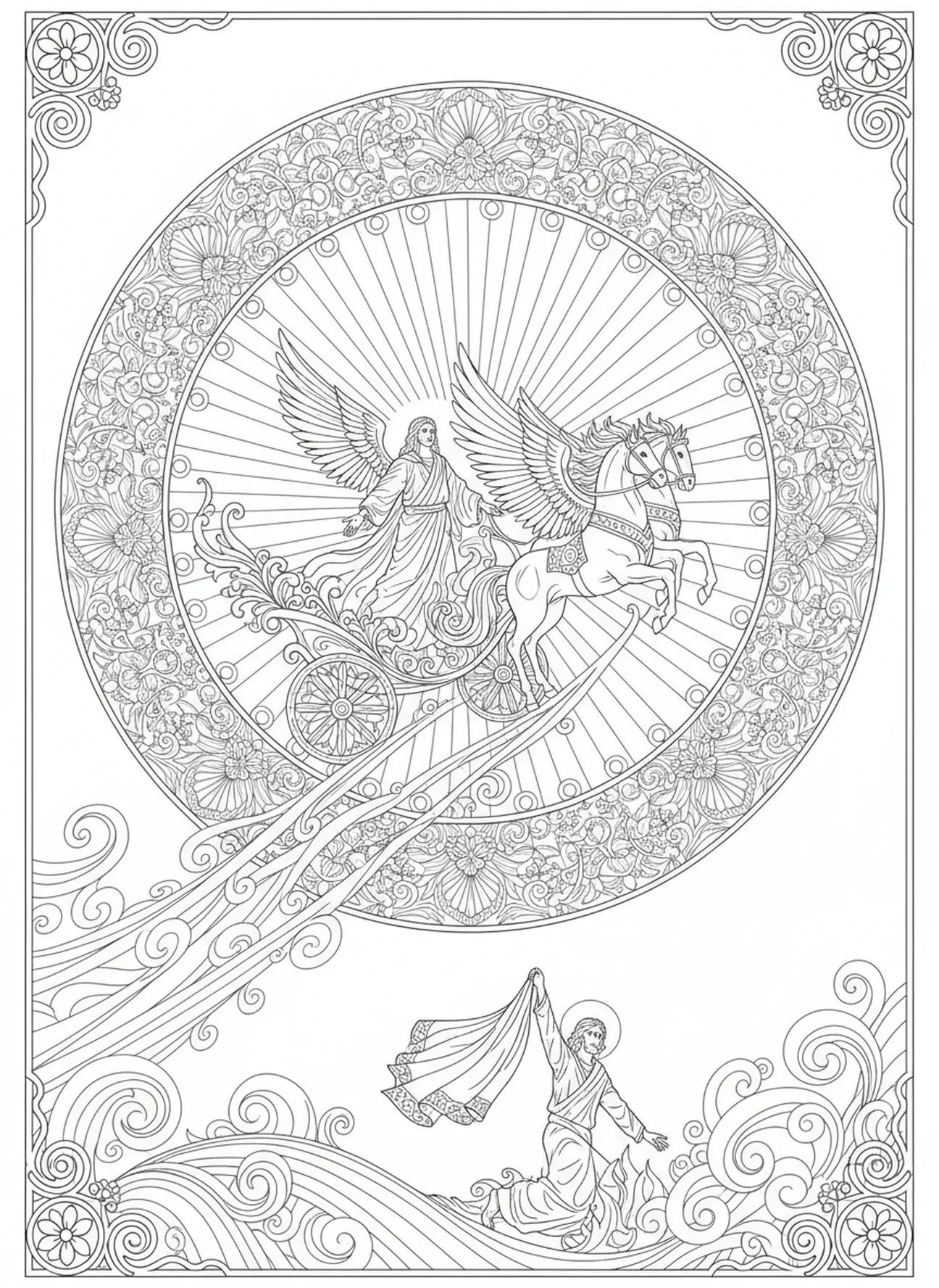 Strahlendes Licht umgibt Elia, Ausmalbild von Elias Wagen im Stil des Bibel-Journalings für Erwachsene.