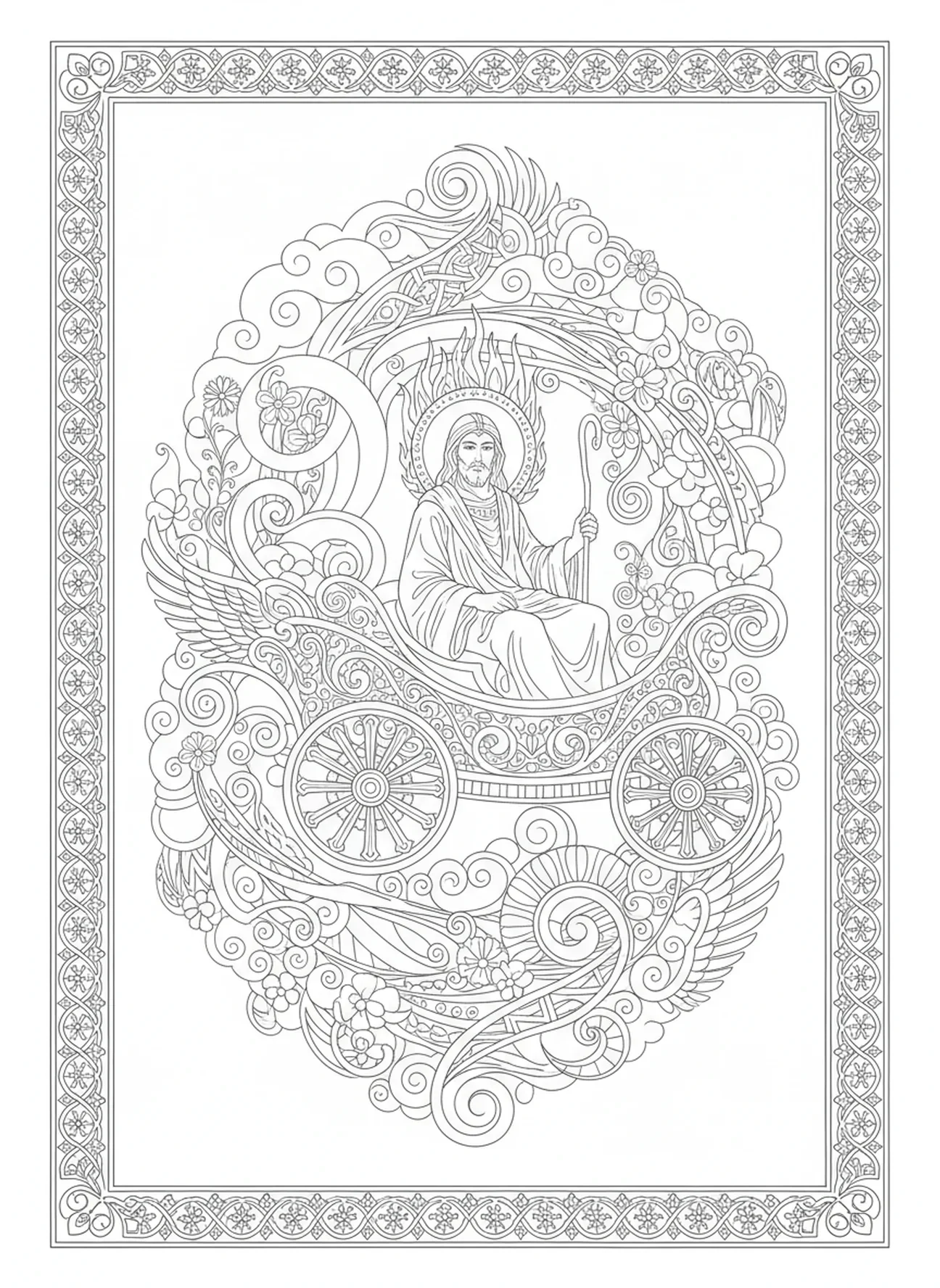 Elia im feurigen Wagen, Ausmalbild von Elia für Erwachsene im Bibel-Journaling-Stil.