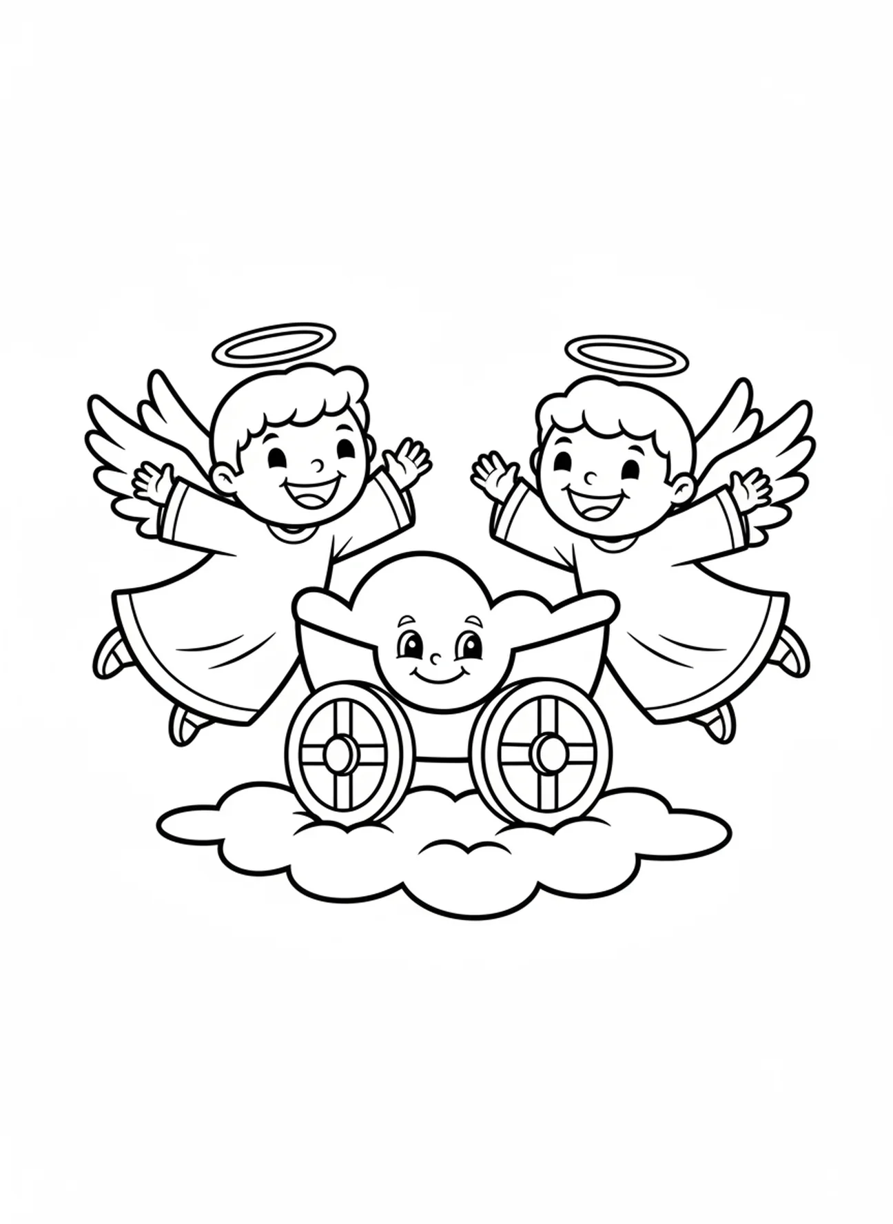Dos ángeles sonrientes, página para colorear del Carro de Elías para niños de 3 a 5 años