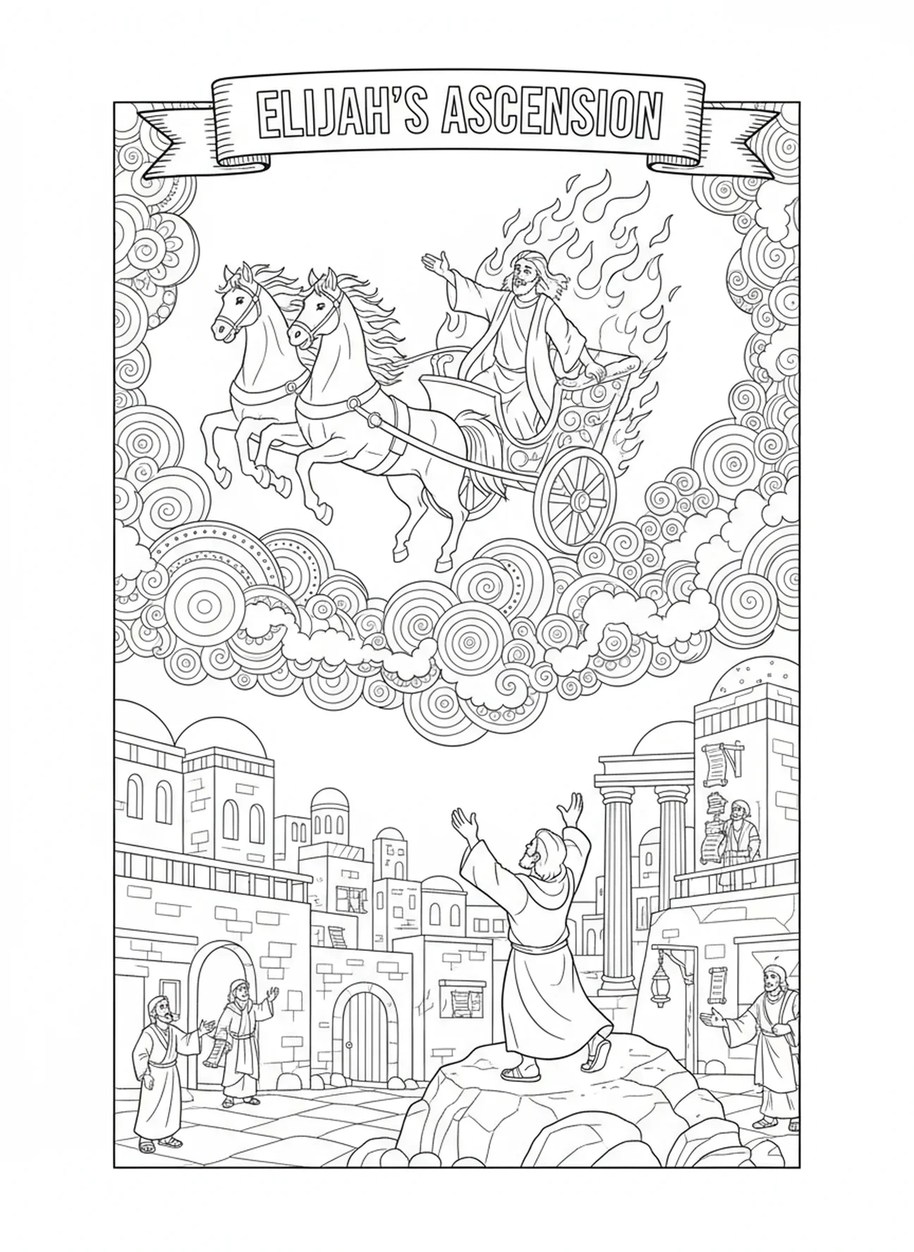 Élie s'élevant, page à colorier d'Élie et du char de feu pour les enfants de l'École du dimanche âgés de 5 à 12 ans.