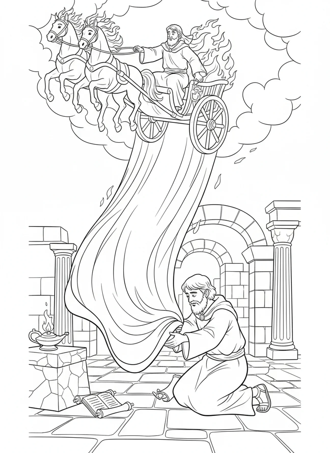 La cape d'Élie tombant, page à colorier sur le char d'Élie pour les enfants de l'École du dimanche âgés de 5 à 12 ans.