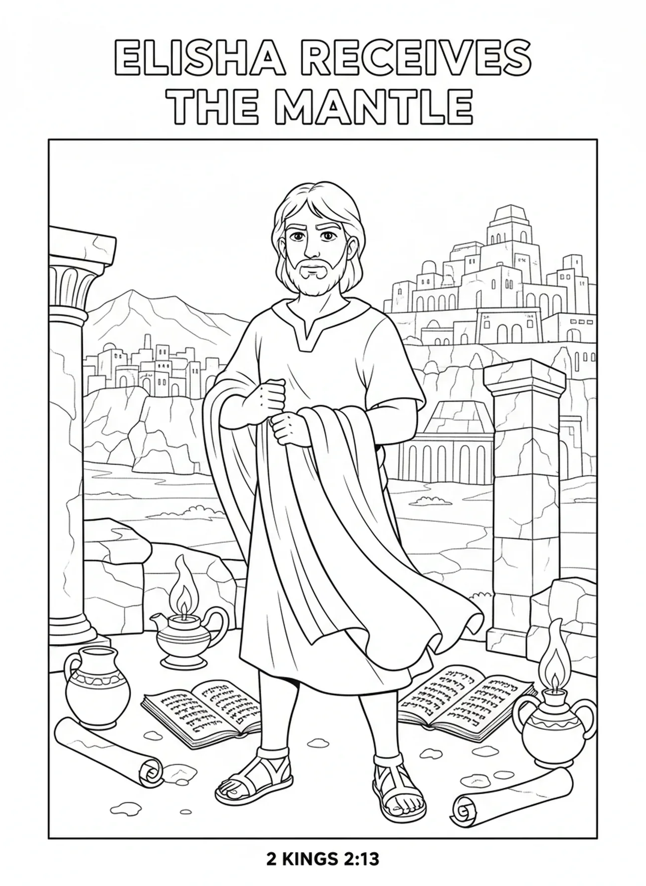 Élisée recevant le manteau, page à colorier du char d'Élie pour les enfants de l'École du dimanche âgés de 5 à 12 ans.
