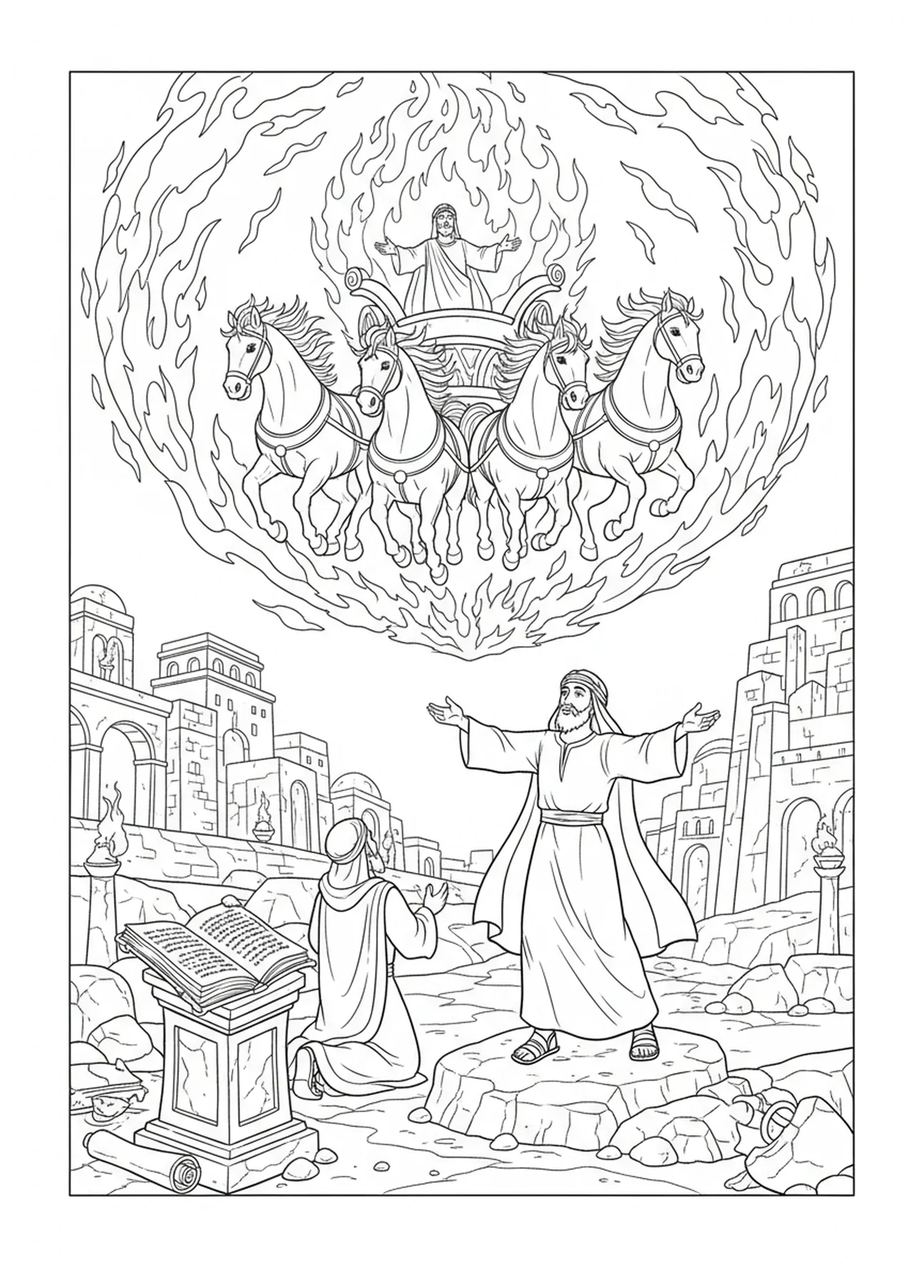 Chariot de feu descendant, page à colorier Élie pour les enfants de l'École du dimanche âgés de 5 à 12 ans.