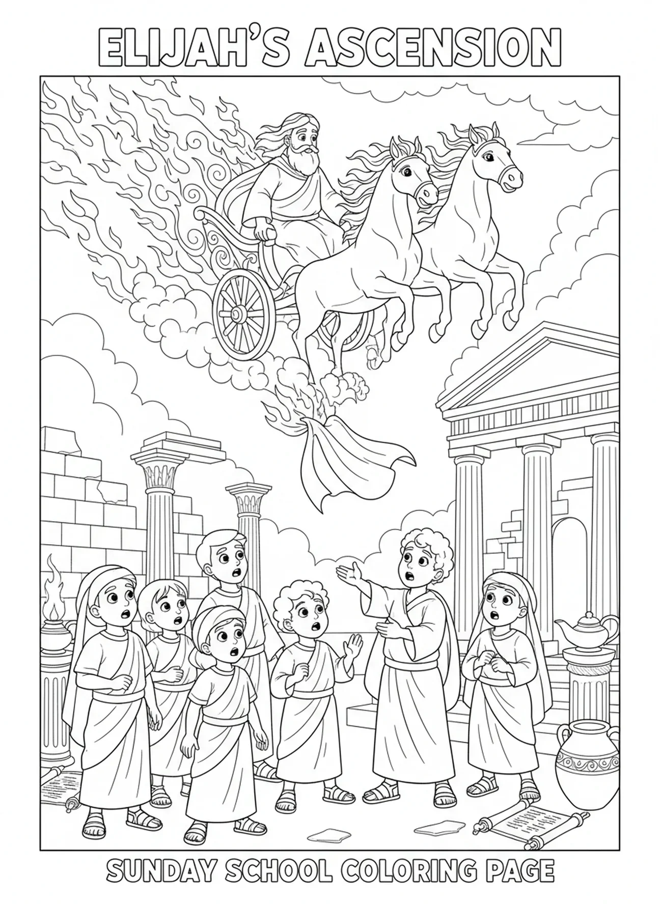 Des disciples émerveillés regardent, page à colorier Élie et son char pour les enfants de l'École du dimanche âgés de 5 à 12 ans.
