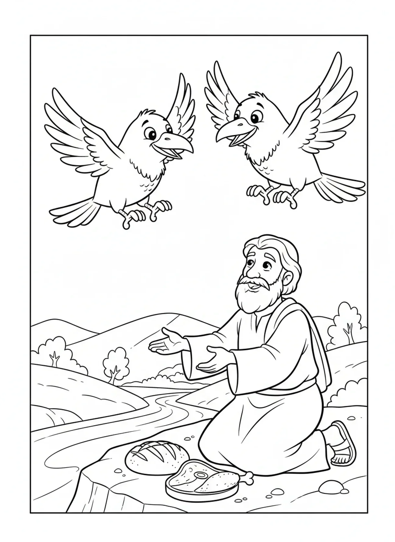 Cuervos con comida para Elías, página para colorear Elías alimenta a los cuervos para niños de 5 a 10 años.