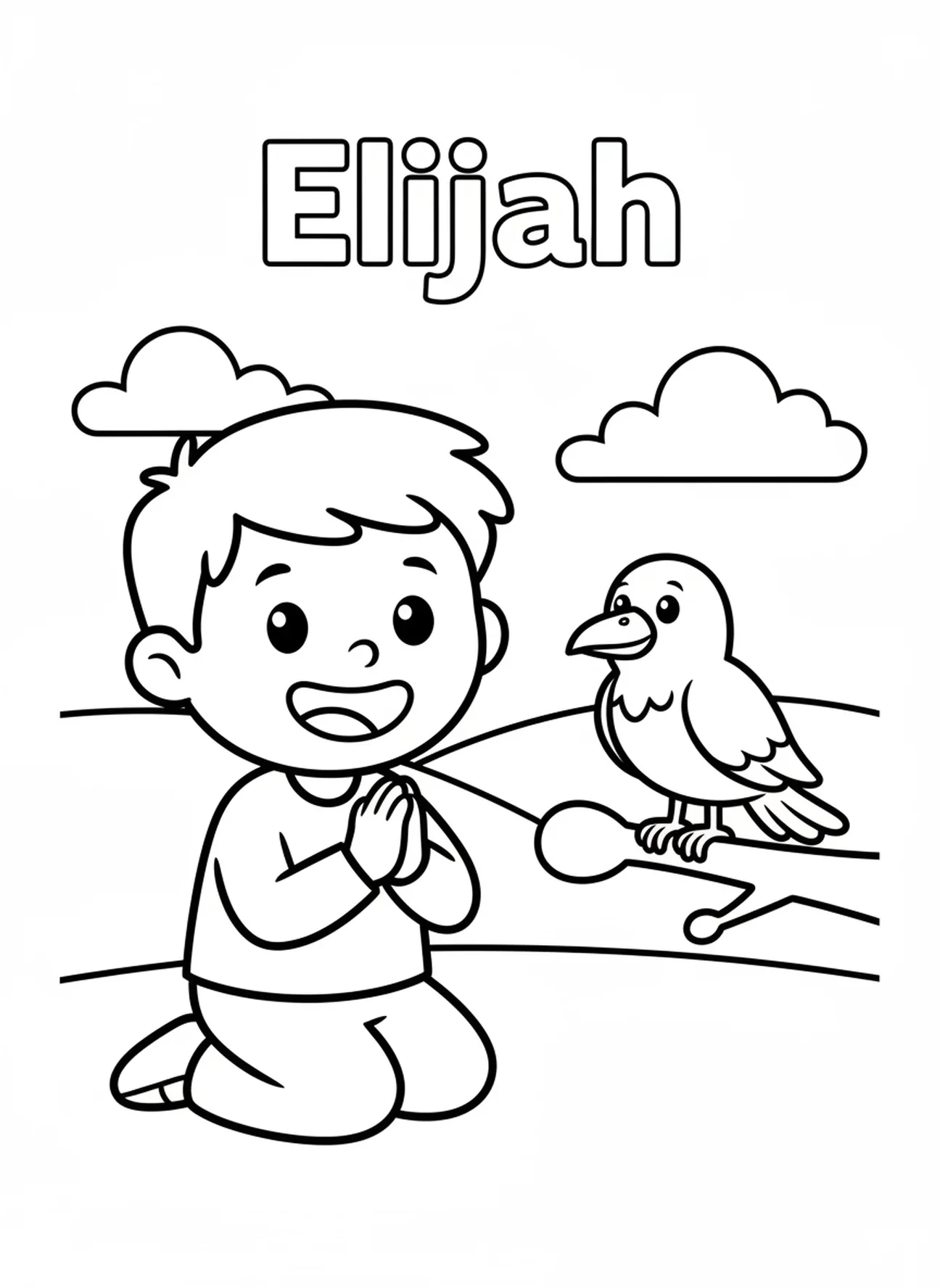 Élie souriant à genoux en prière, page à colorier Élie nourri par des corbeaux pour les enfants d'âge préscolaire de 3 à 5 ans.