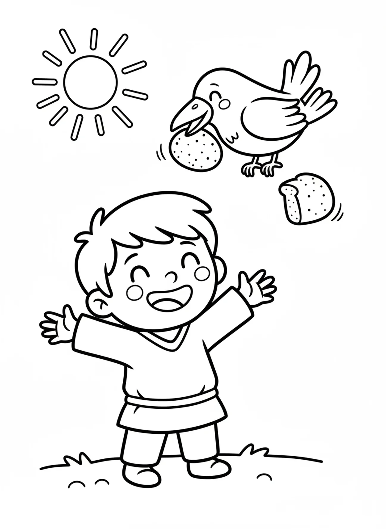 Élie souriant les bras ouverts, page à colorier Élie nourri par des corbeaux pour les enfants d'âge préscolaire de 3 à 5 ans.