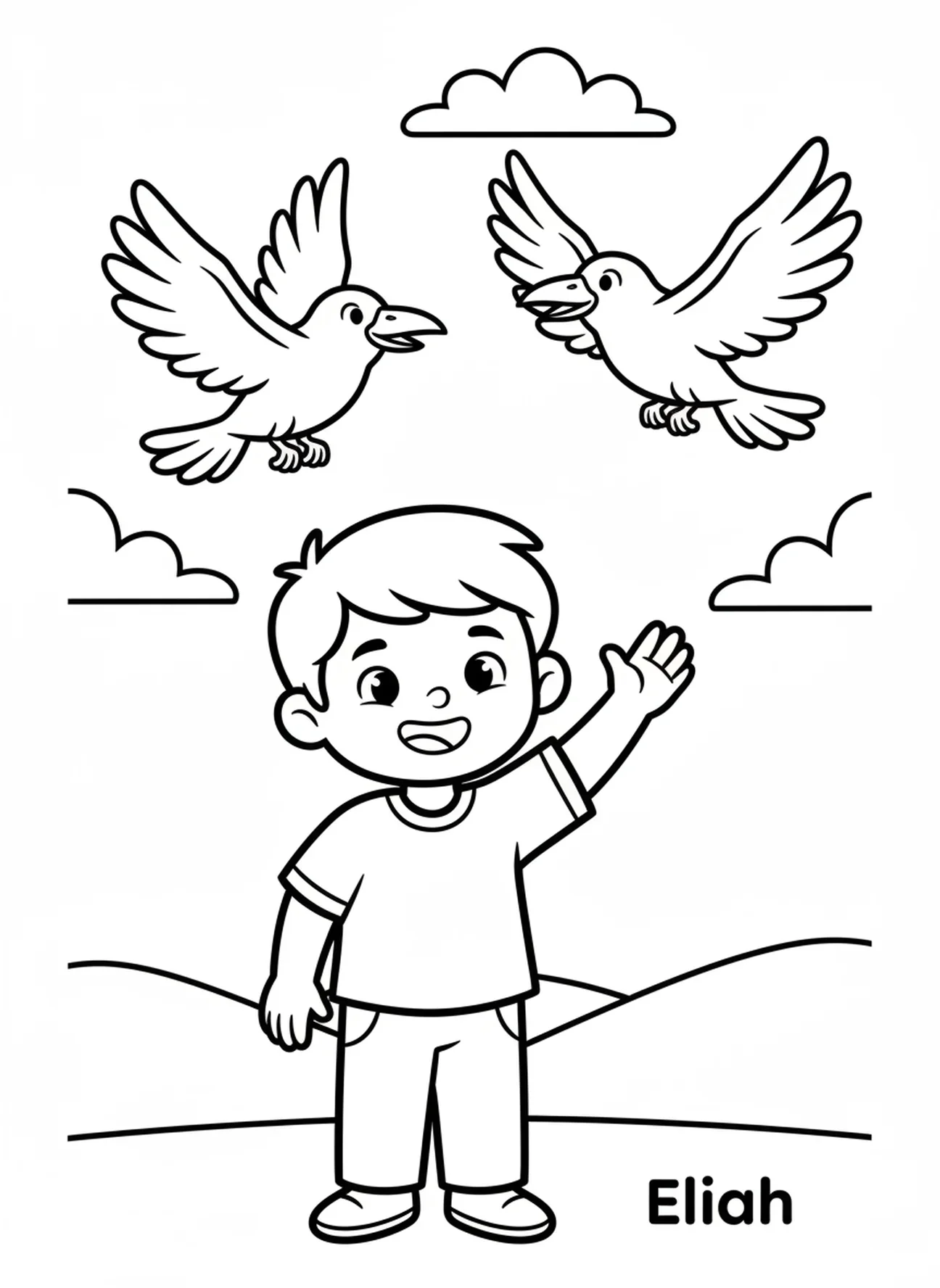 Élie souriant en faisant au revoir, page de coloriage Élie et les corbeaux pour les enfants d'âge préscolaire de 3 à 5 ans.
