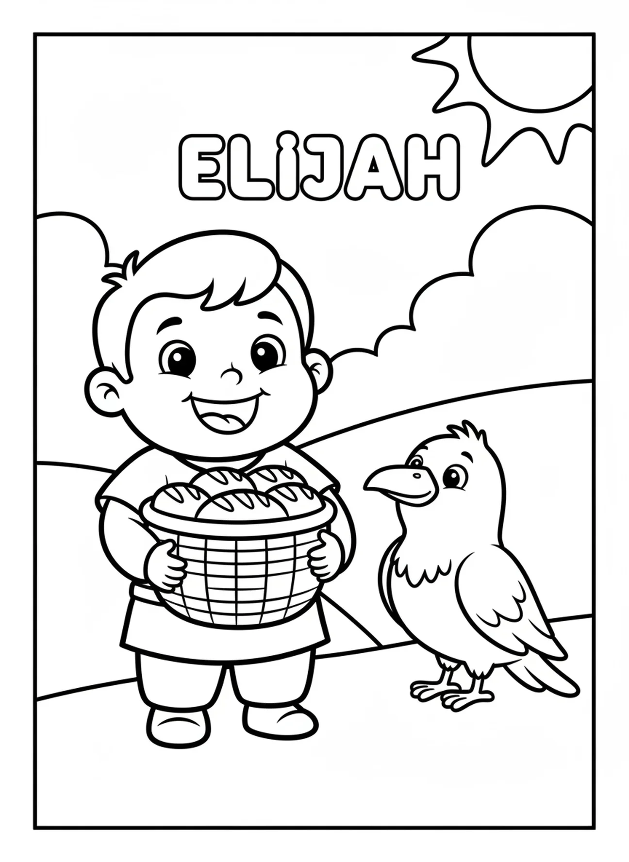 Élie souriant tenant un panier, page à colorier Élie et les corbeaux pour les enfants d'âge préscolaire de 3 à 5 ans.