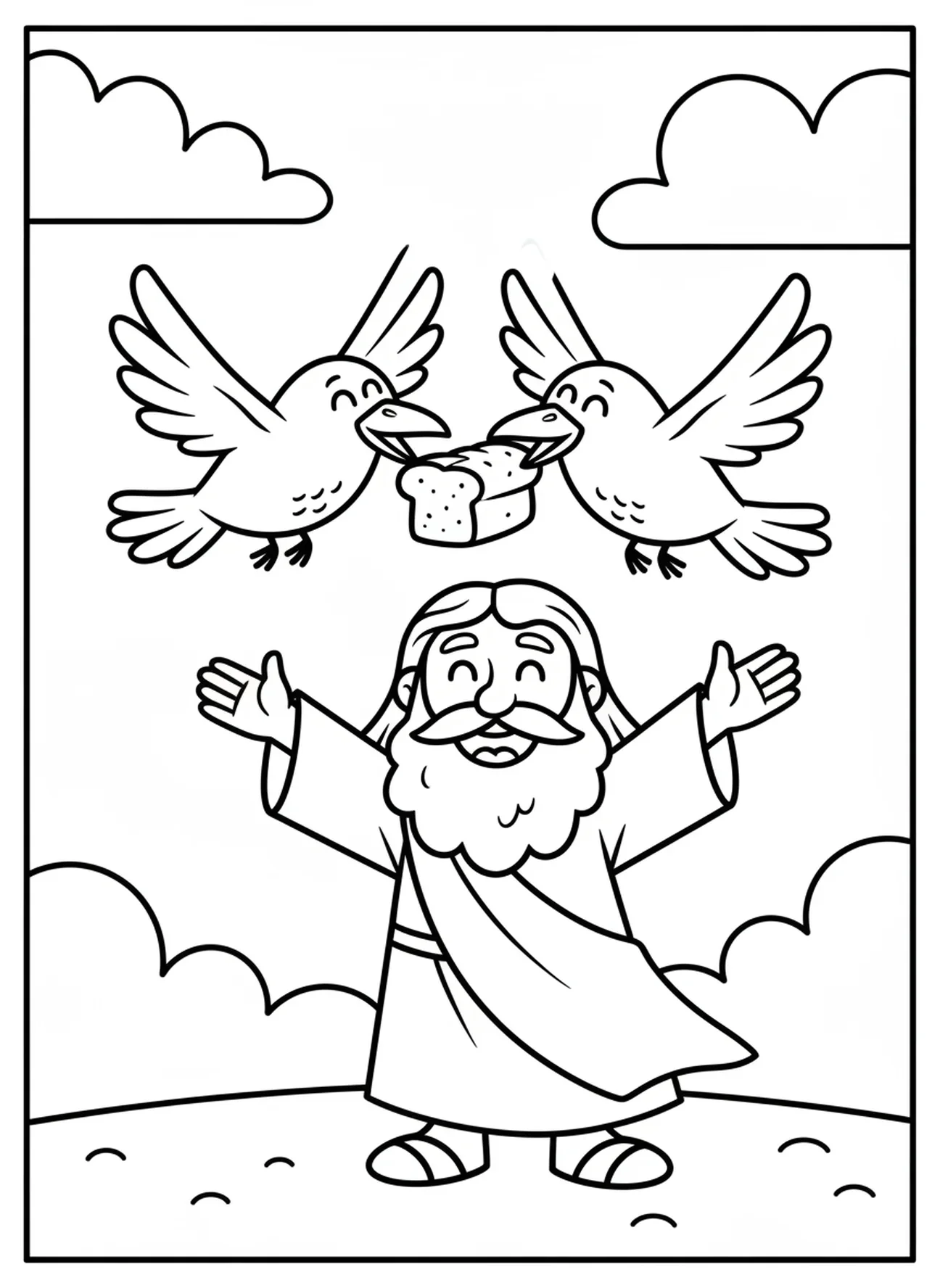 Deux corbeaux de dessin animé, page à colorier Élie nourri par des corbeaux pour les enfants d'âge préscolaire de 3 à 5 ans.