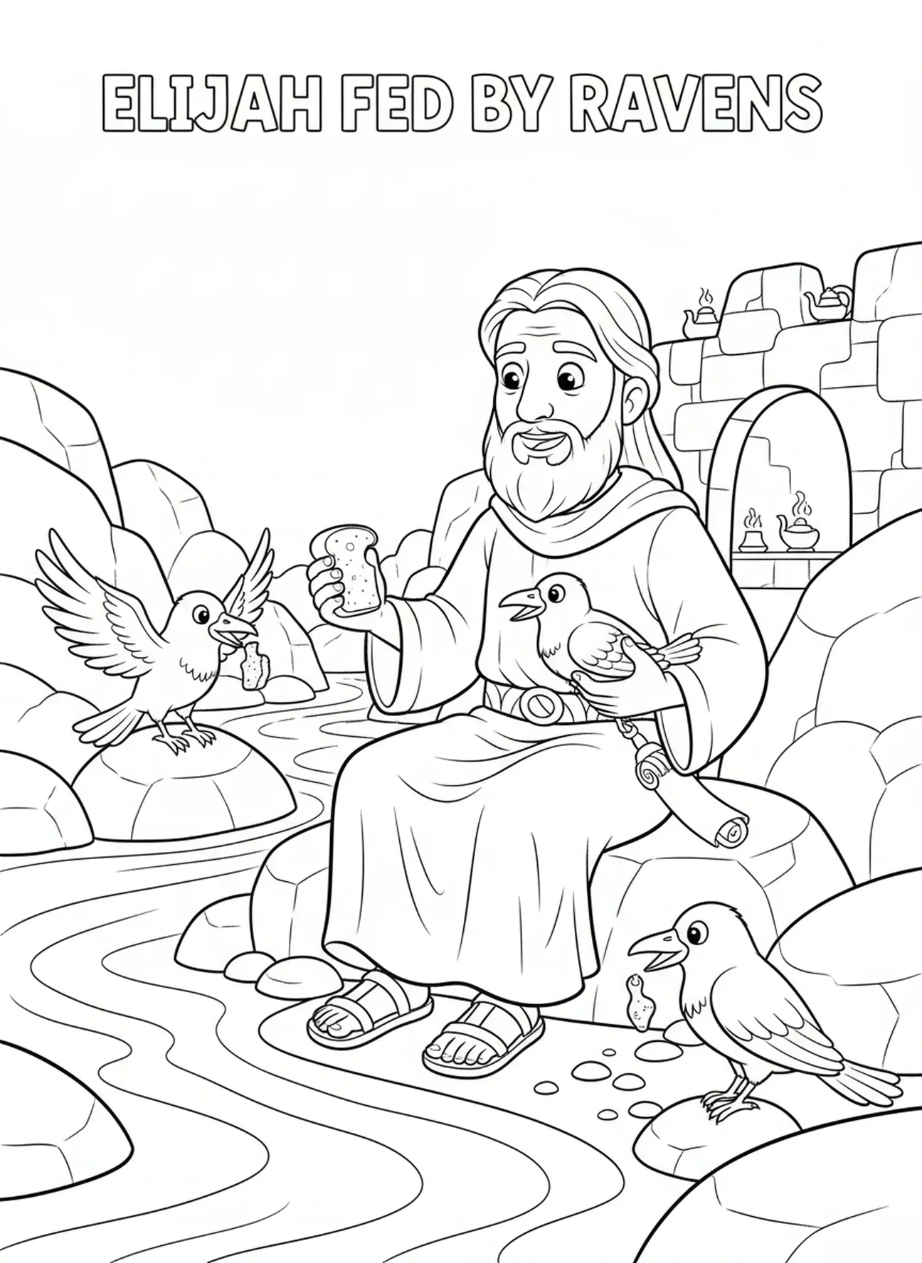 Élie se régalant, page à colorier Élie nourri par les corbeaux pour les enfants de l'École du dimanche âgés de 5 à 12 ans.