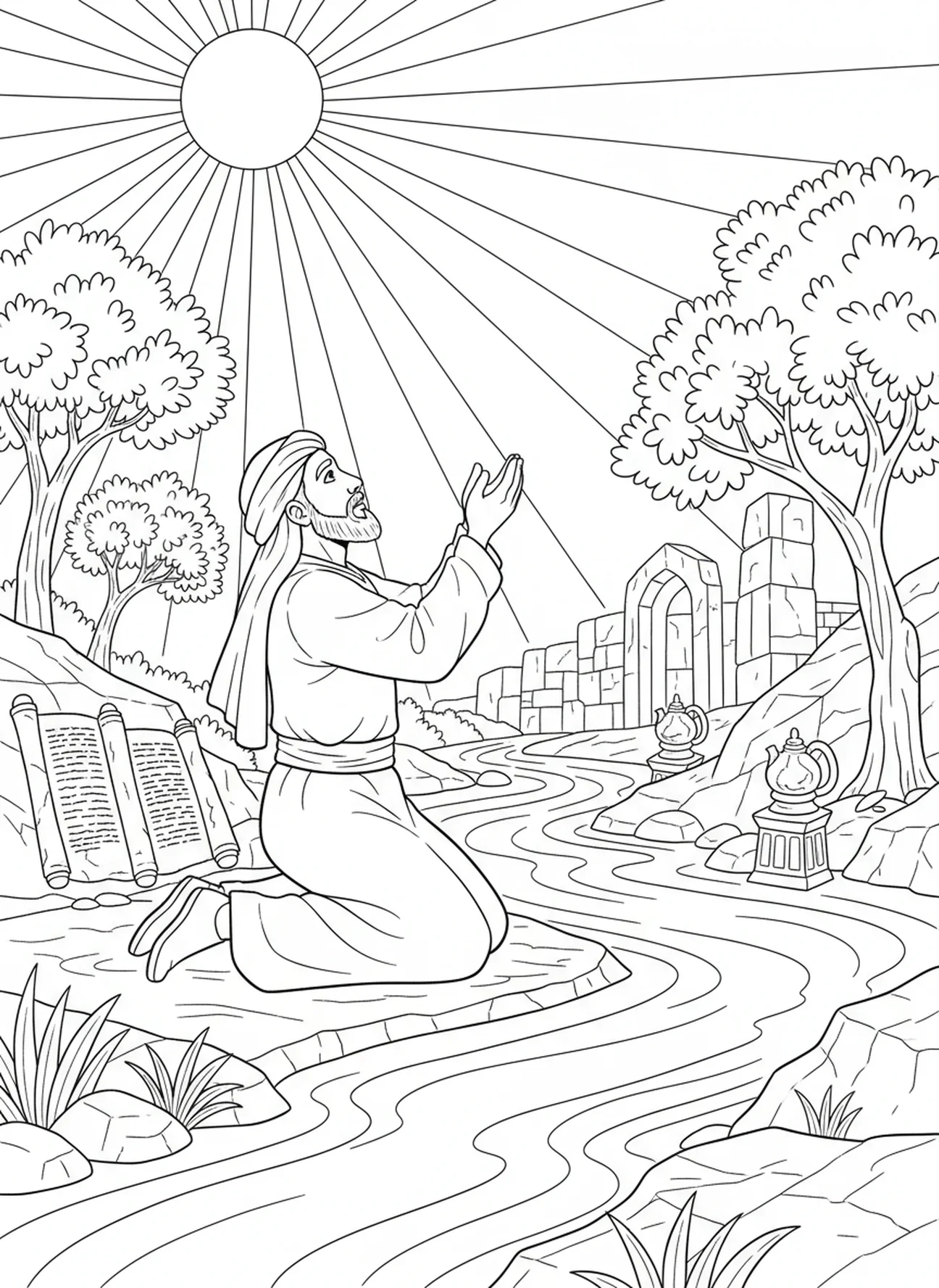 Élie en prière, page à colorier Élie nourri par les corbeaux pour les enfants de l'École du dimanche âgés de 5 à 12 ans.