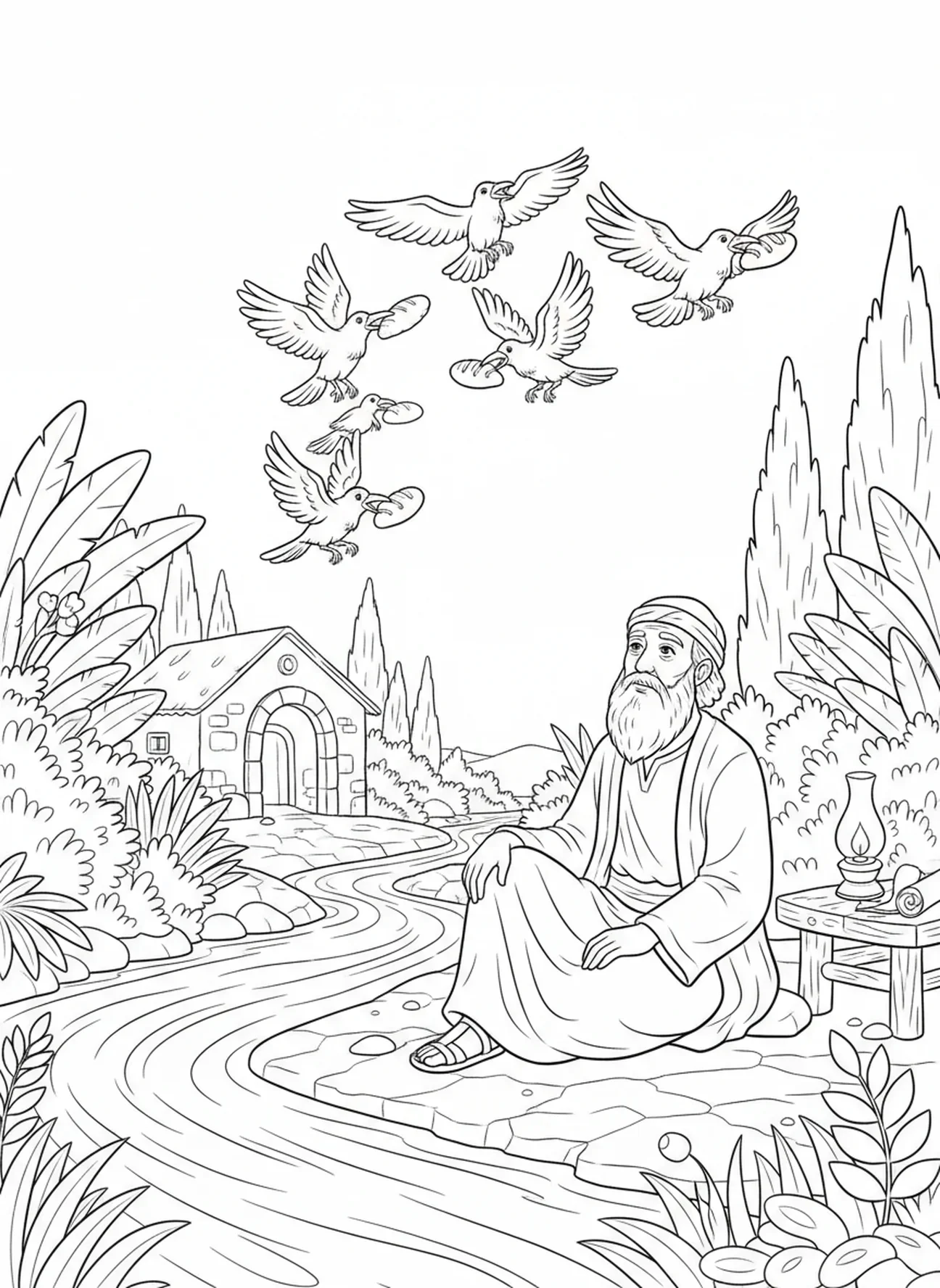 Élie observant des corbeaux, page à colorier Élie nourri par des corbeaux pour les enfants de l'École du dimanche âgés de 5 à 12 ans.