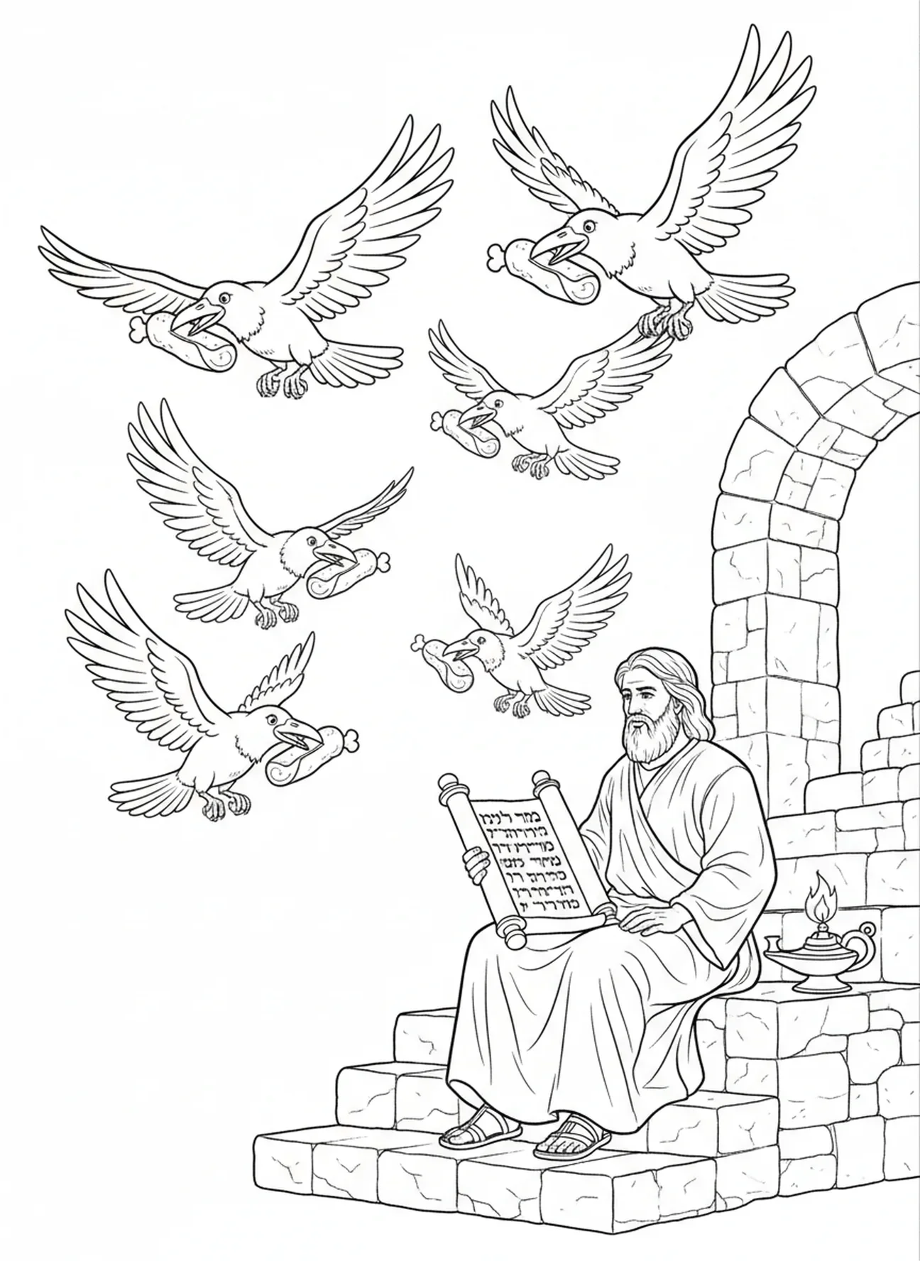 Corbeaux en vol, page à colorier Élie nourri par les corbeaux pour les enfants de l'École du dimanche âgés de 5 à 12 ans.