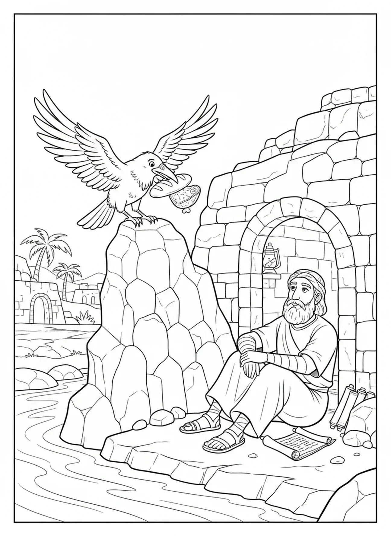 Les corbeaux se posent, page à colorier Élie nourri par les corbeaux pour les enfants de l'École du dimanche âgés de 5 à 12 ans.