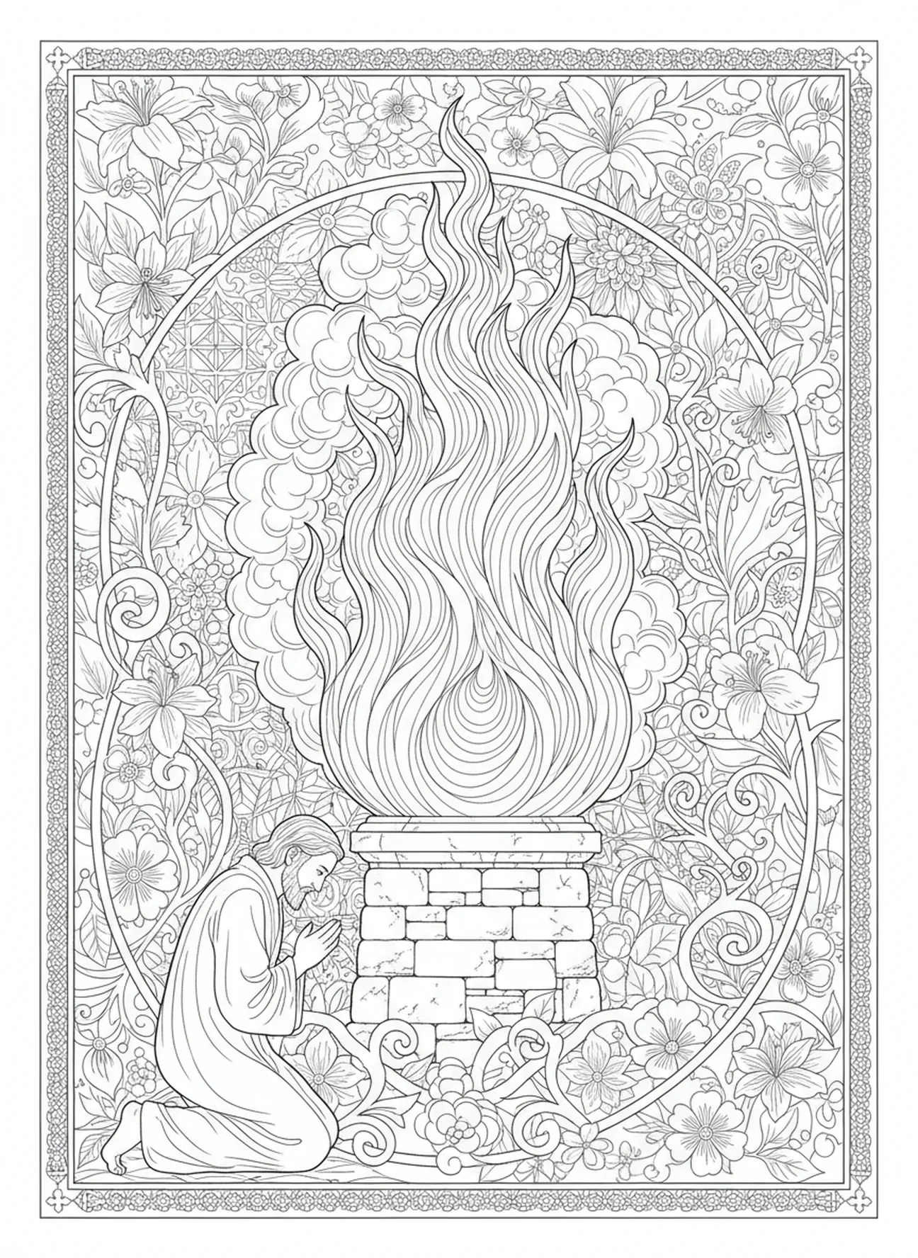 Altar de oferta queimada, página para colorir de Elias e o Fogo do Céu no estilo de journaling bíblico para adultos