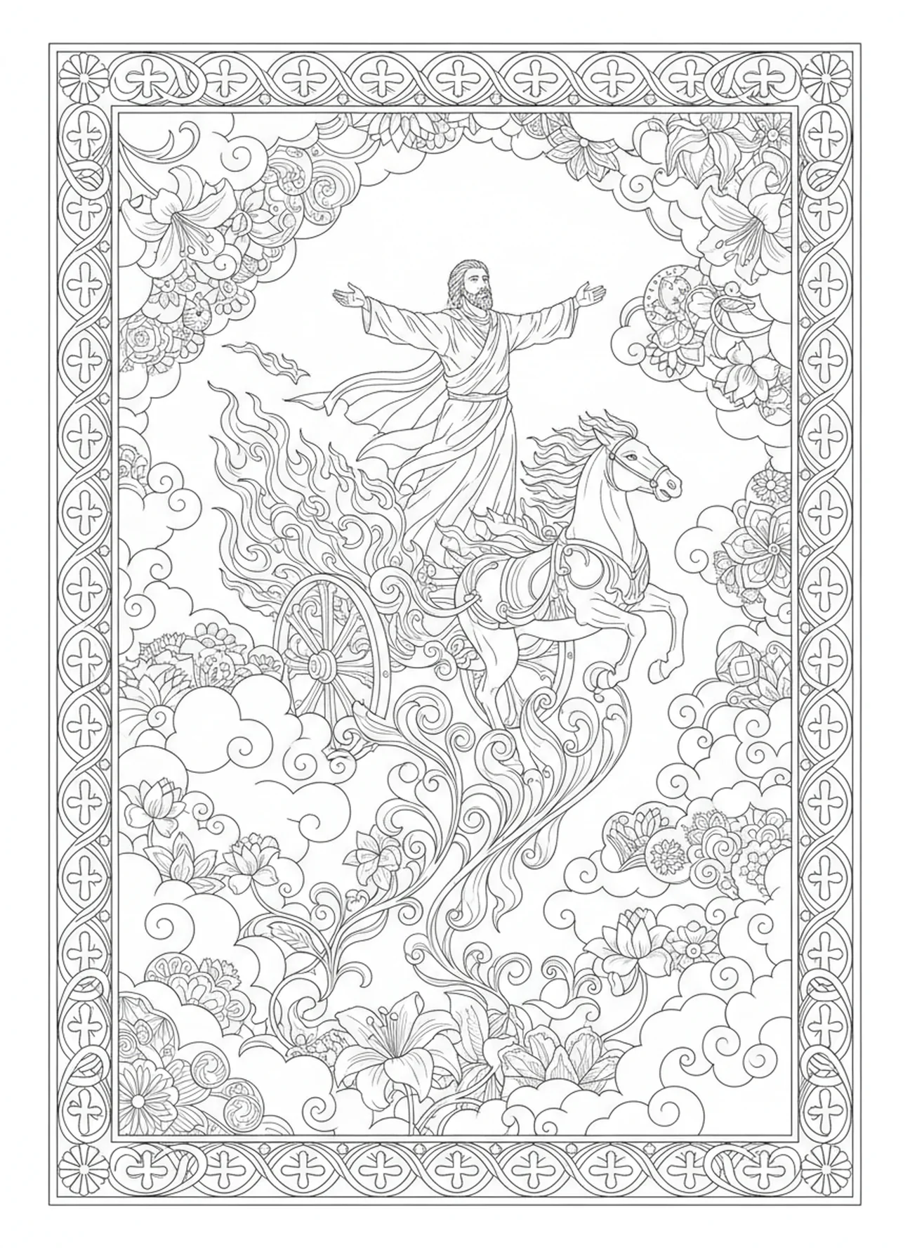 Elias subindo ao céu, página de colorir Elias Fogo do Céu para adultos no estilo de journaling bíblico