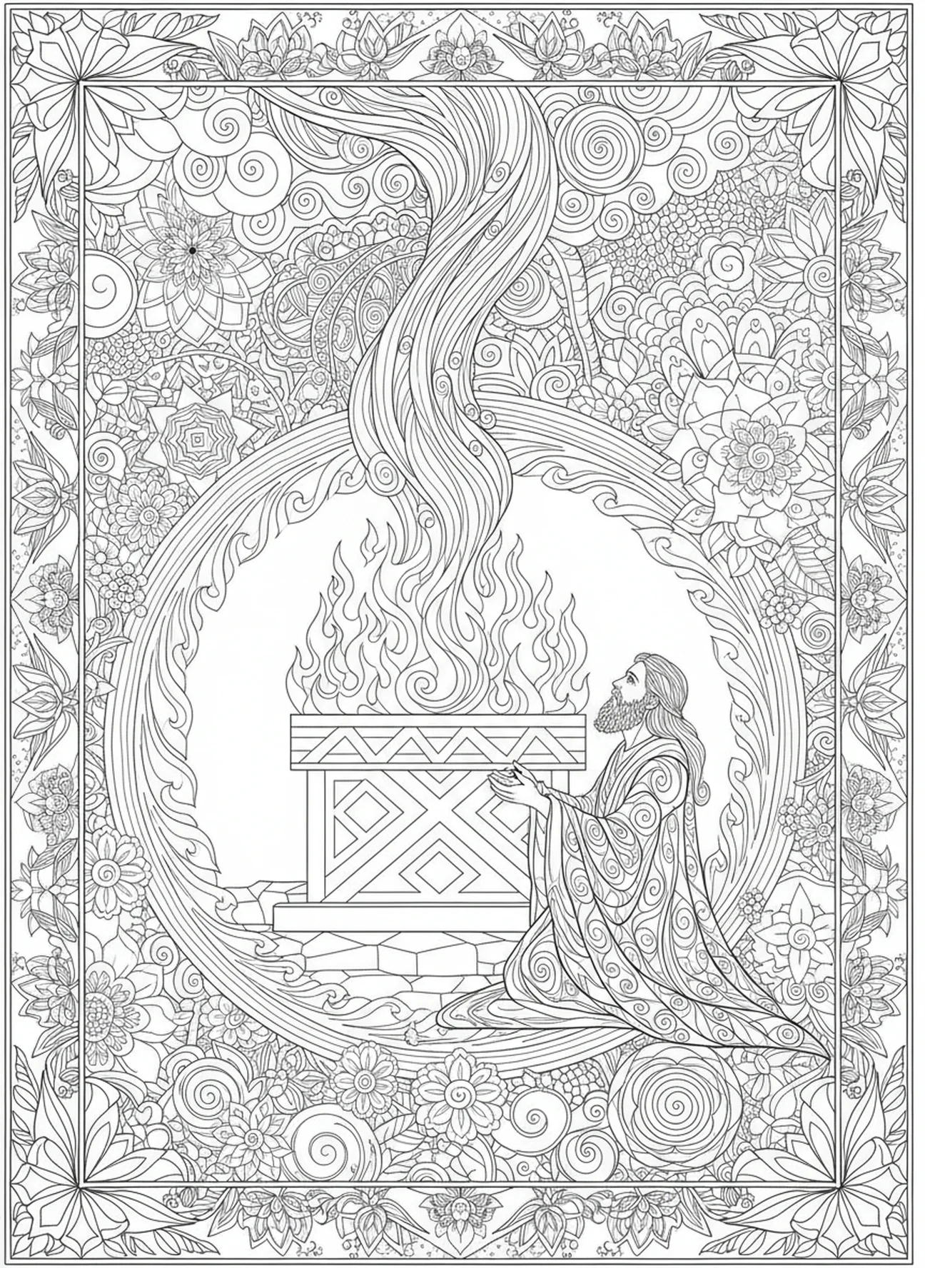 Fogo divino descendo, página para colorir de Elias e o Fogo do Céu no estilo de journaling bíblico para adultos