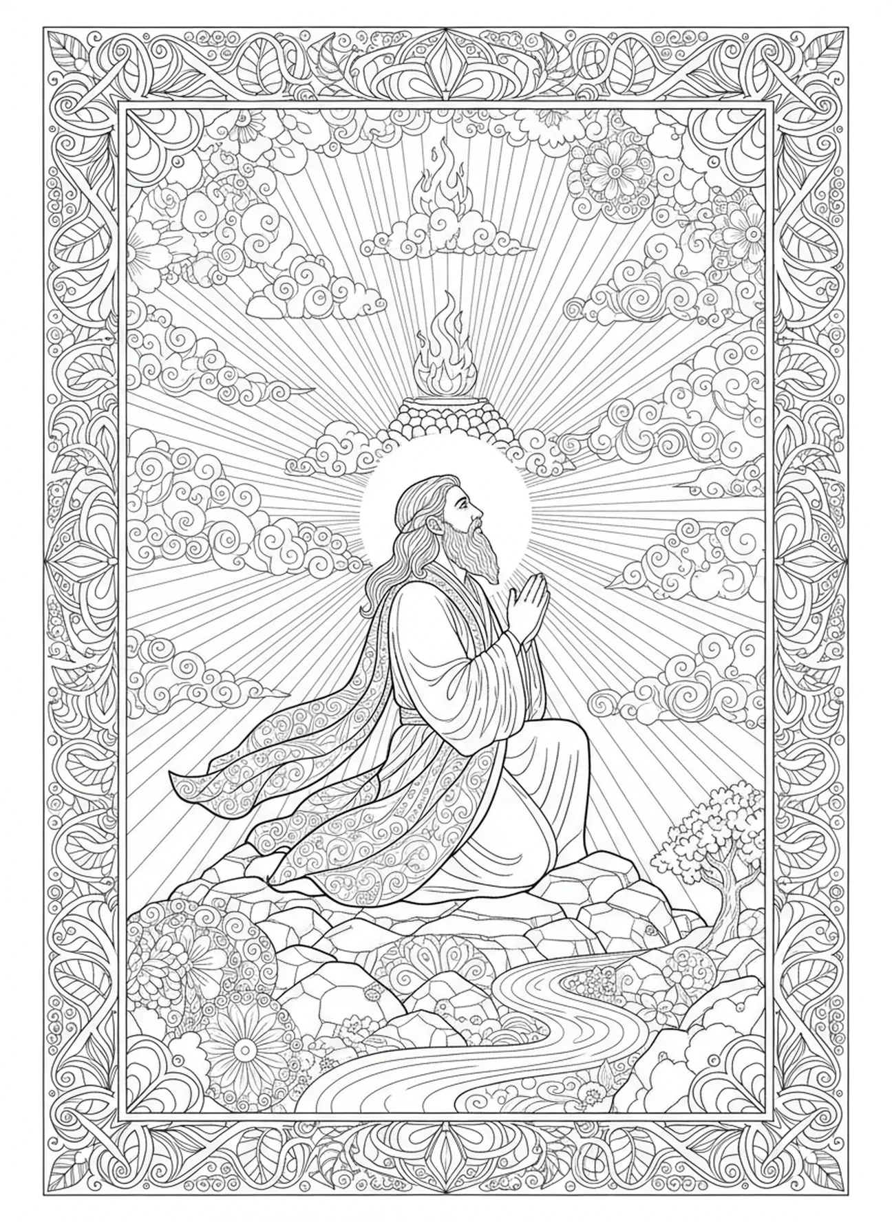 Elia betet, Ausmalbild von Elia auf dem Berg Karmel im Stil des Bibel-Journalings für Erwachsene.