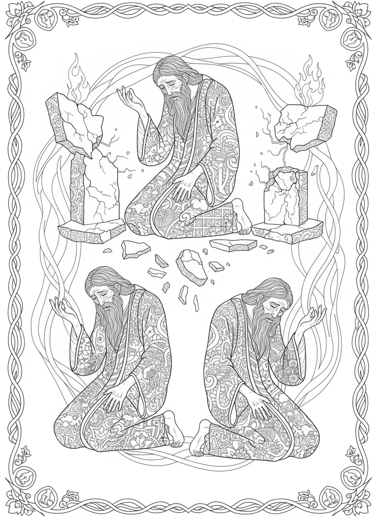 Falsche Propheten in Verzweiflung, Elia auf dem Berg Karmel Ausmalbild für Erwachsene im Bibel-Journaling-Stil.