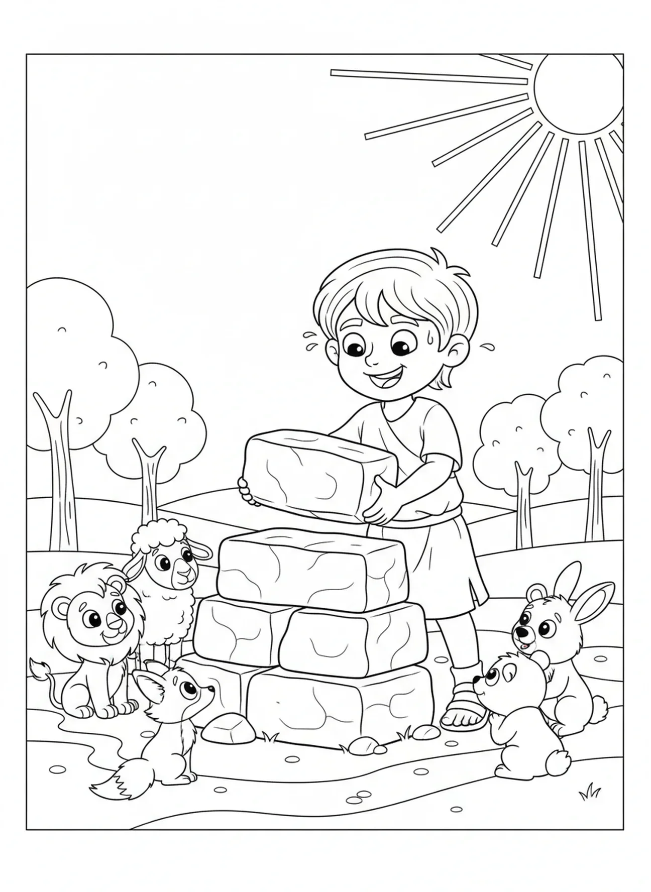 Elias construindo um altar, página para colorir de Elias no Monte Carmelo para crianças de 5 a 10 anos.