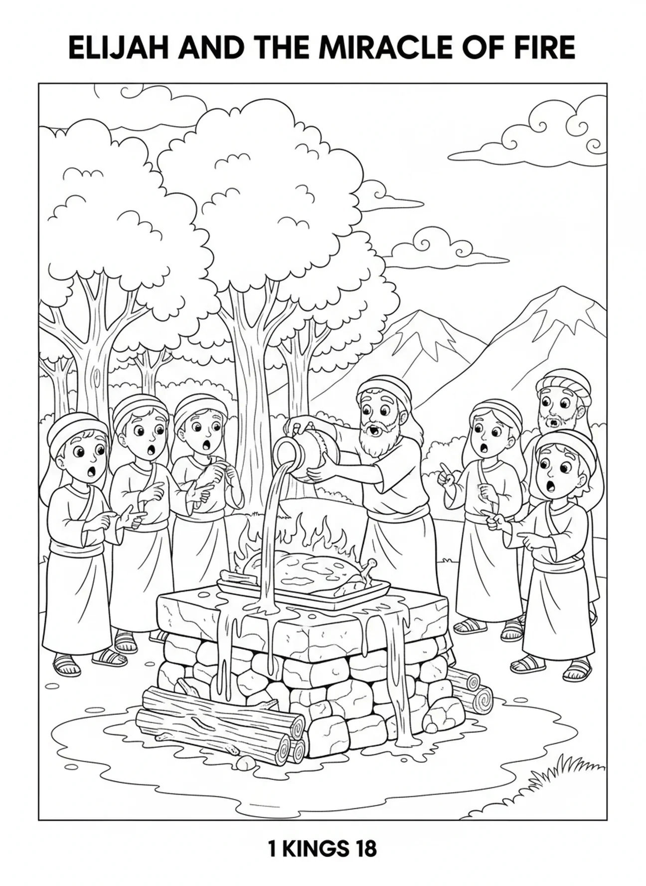 Elias derramando água sobre o altar, página para colorir de Elias no Monte Carmelo para crianças de 5 a 10 anos.